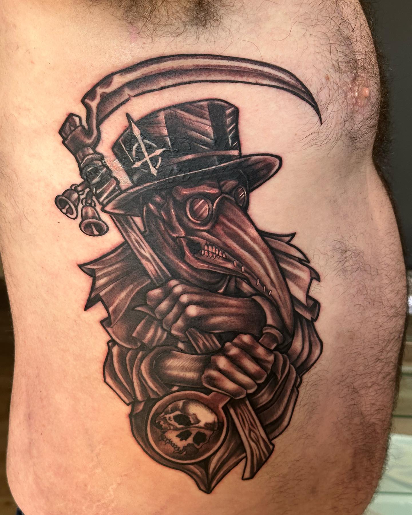 Grim reaper black and grey tattoo on the thigh by Pablo Venegas