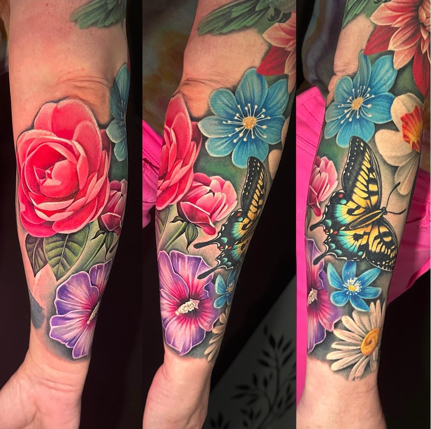 Floral bouquet with butterflies realism tattoo on the forearm by Chynna J El-Ayazra
