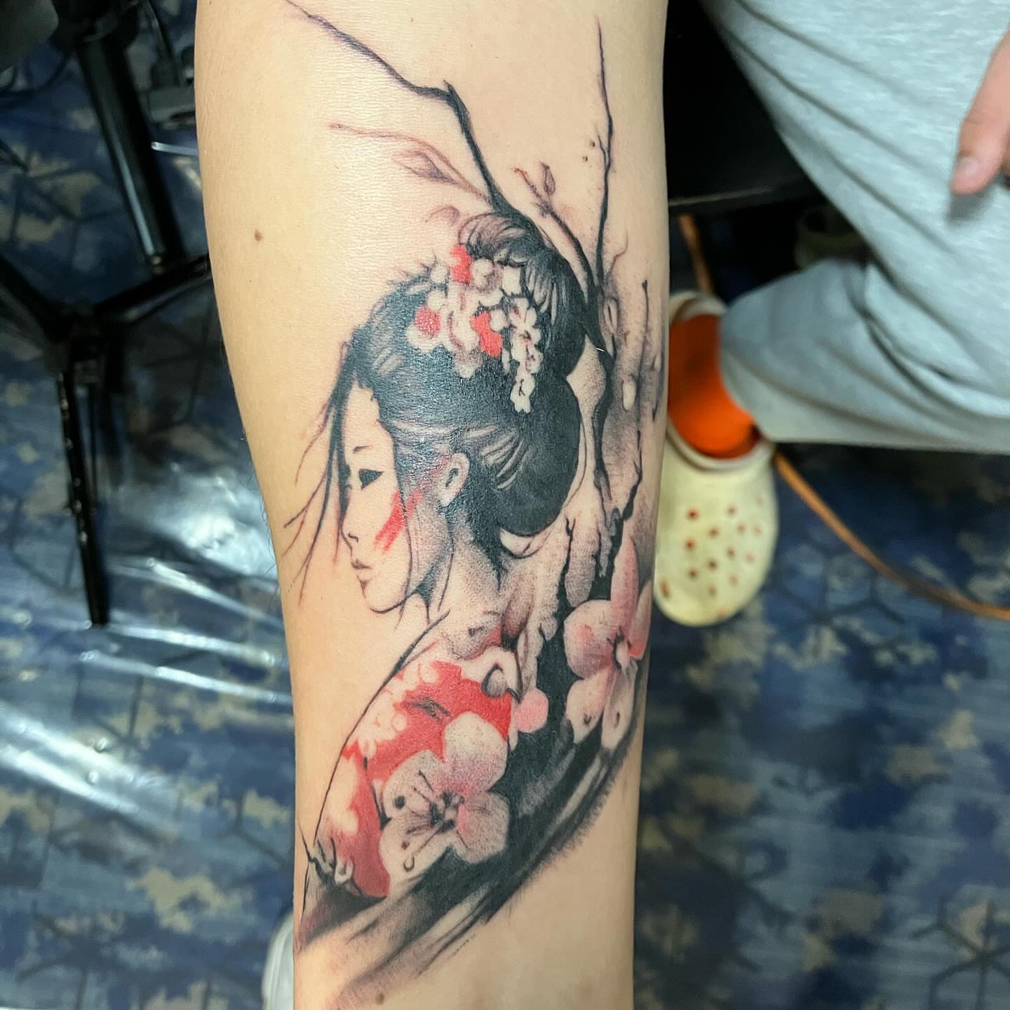 Geisha with cherry blossoms japanese irezumi tattoo on the forearm by Hot Dawg