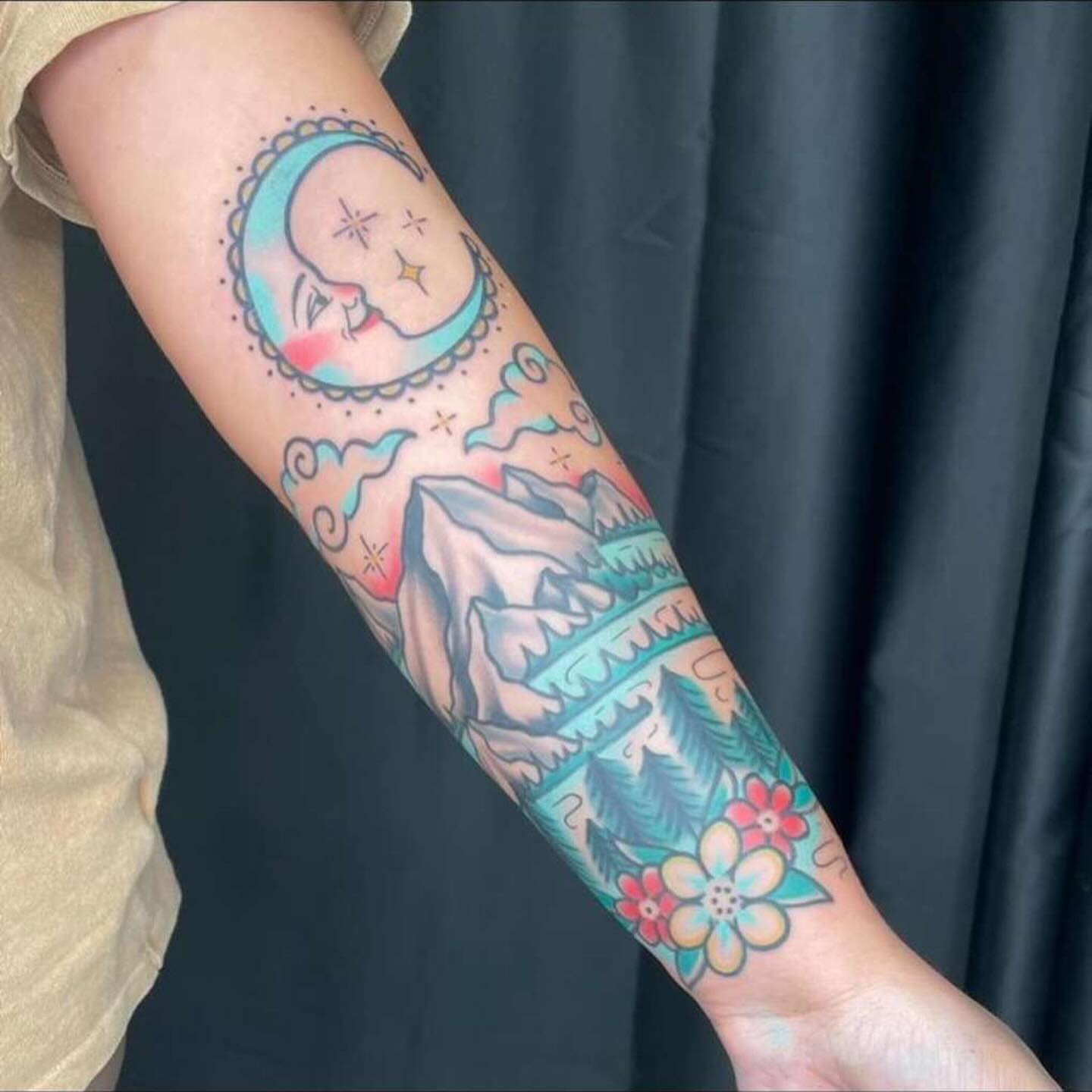 Moon and mountain American traditional tattoo on the forearm by β¦ πΉπππ π°ππ π·ππππππππ β¦, Nashville, Tennessee