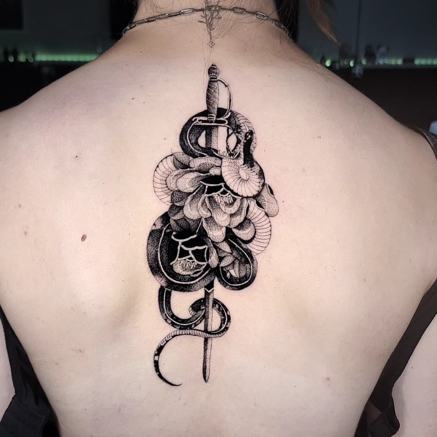 Snake and dagger dotwork tattoo on the back by miami tattoo artist