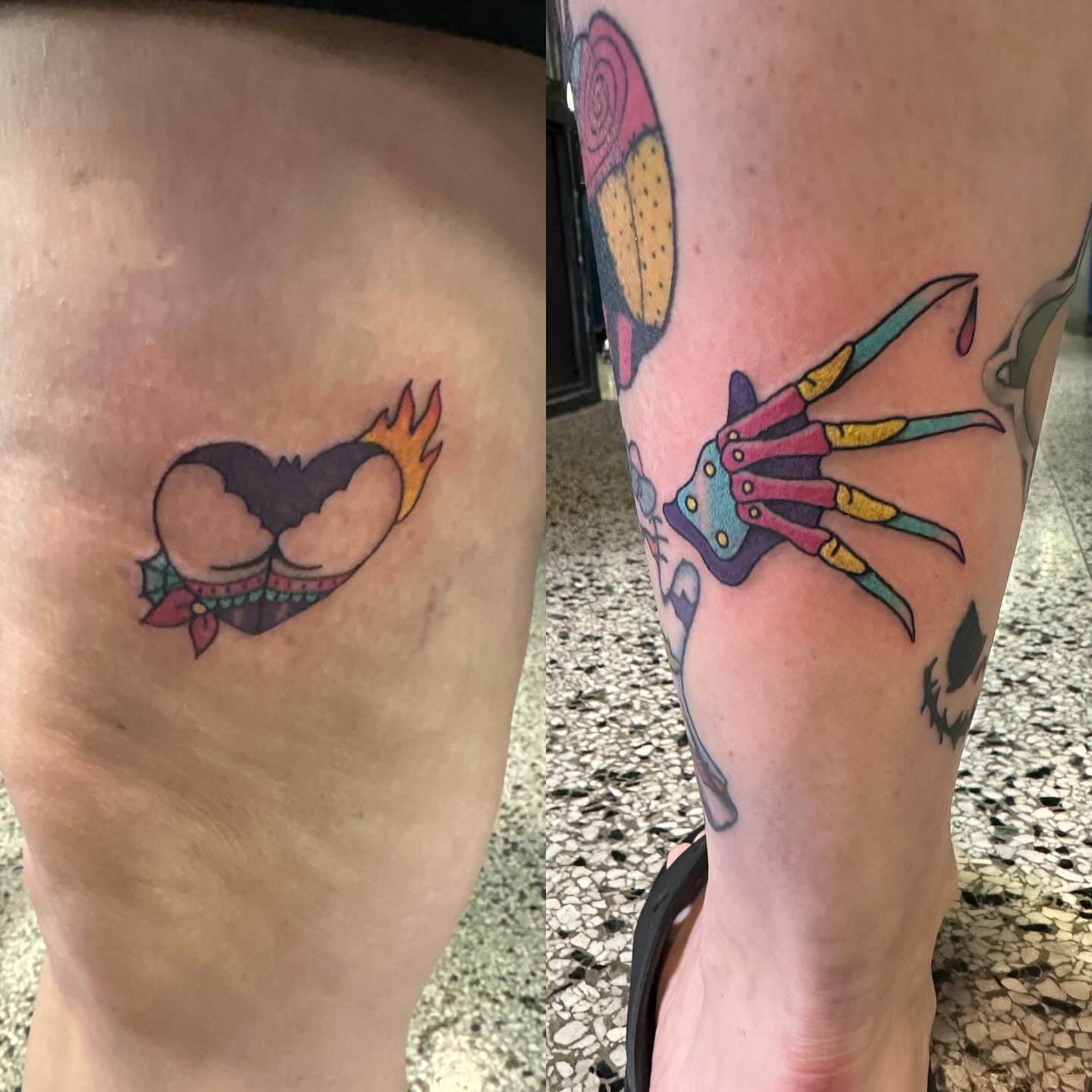 Heart with flames American traditional tattoo on the thigh by (Joshua) Van Cummings