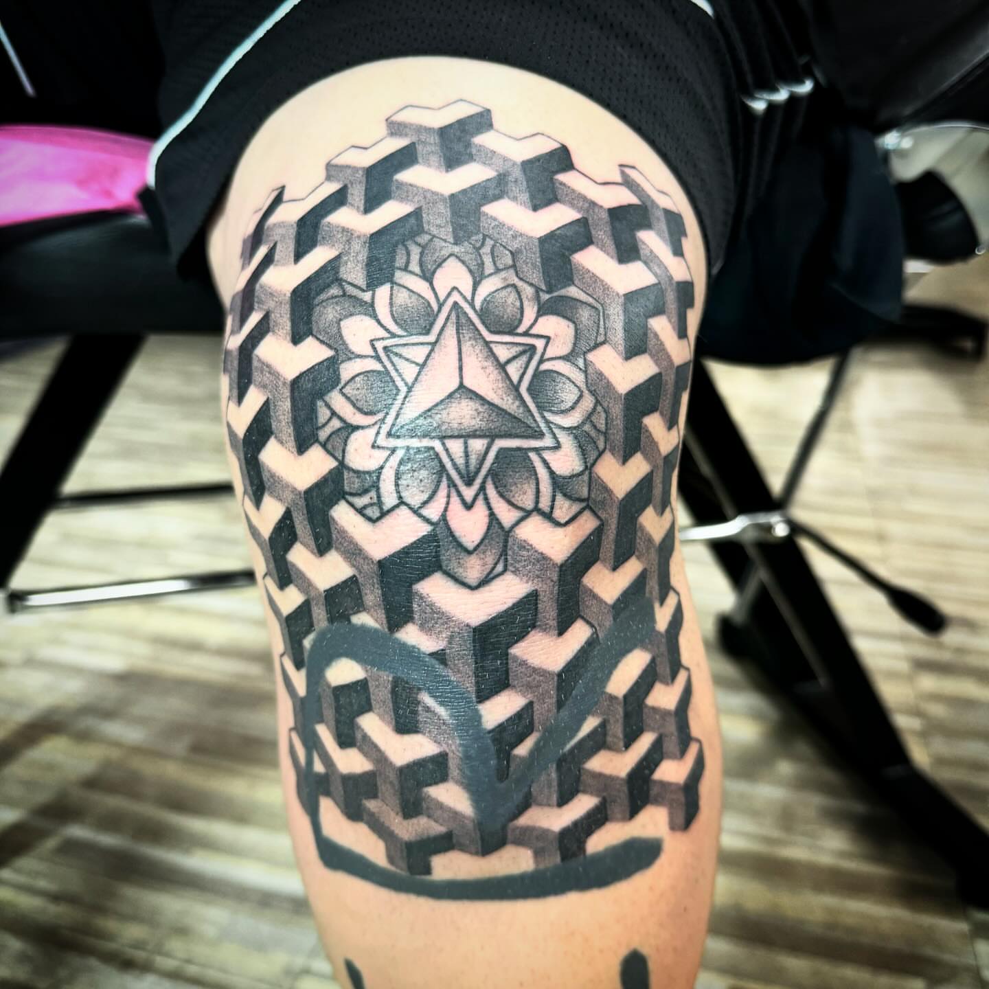 Geometric mandala geometric tattoo on the thigh by Steve