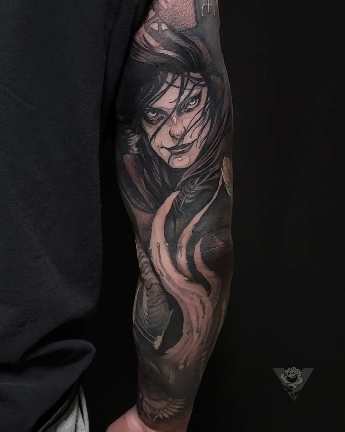 Woman with flowing hair realism tattoo on the forearm by V πΊπ¦