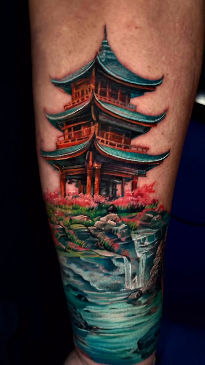Pagoda and waterfall landscape japanese irezumi tattoo by James Moyer