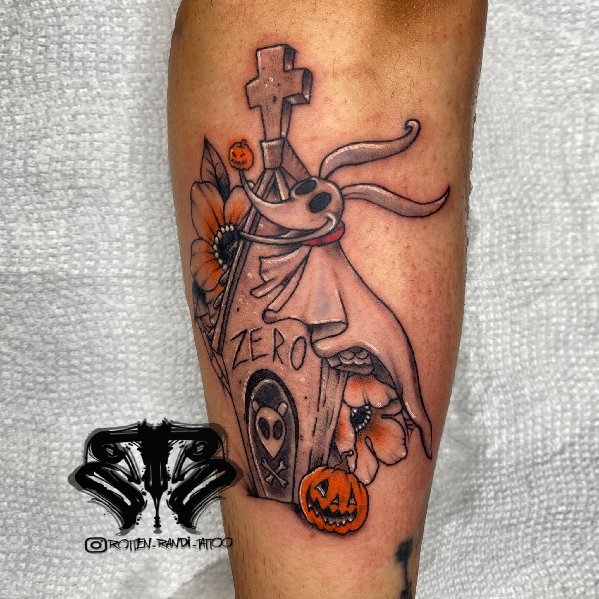 Zero from Nightmare Before Christmas American traditional tattoo on the forearm by Randi Frey