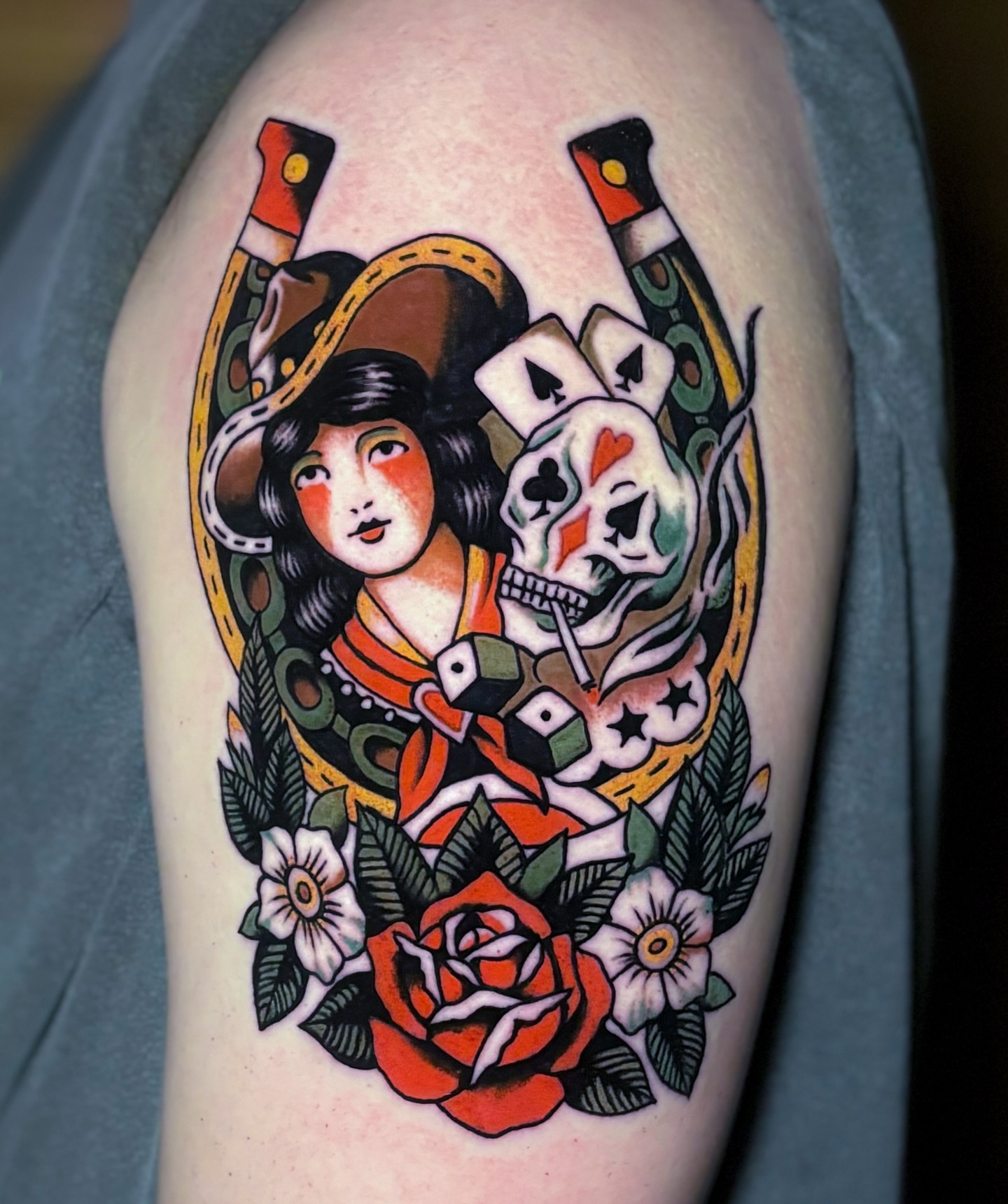Japanese geisha with skull American traditional tattoo on the shoulder by Weston Imhoff