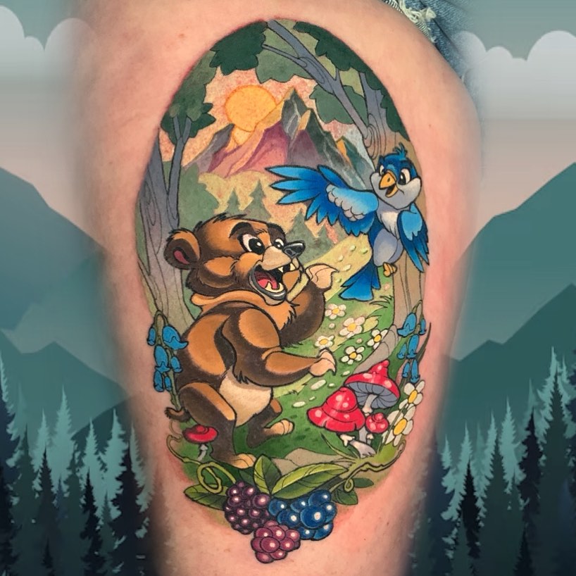 Bear and bird American traditional tattoo on the thigh by Joshua L Wilson, Dayton, Ohio