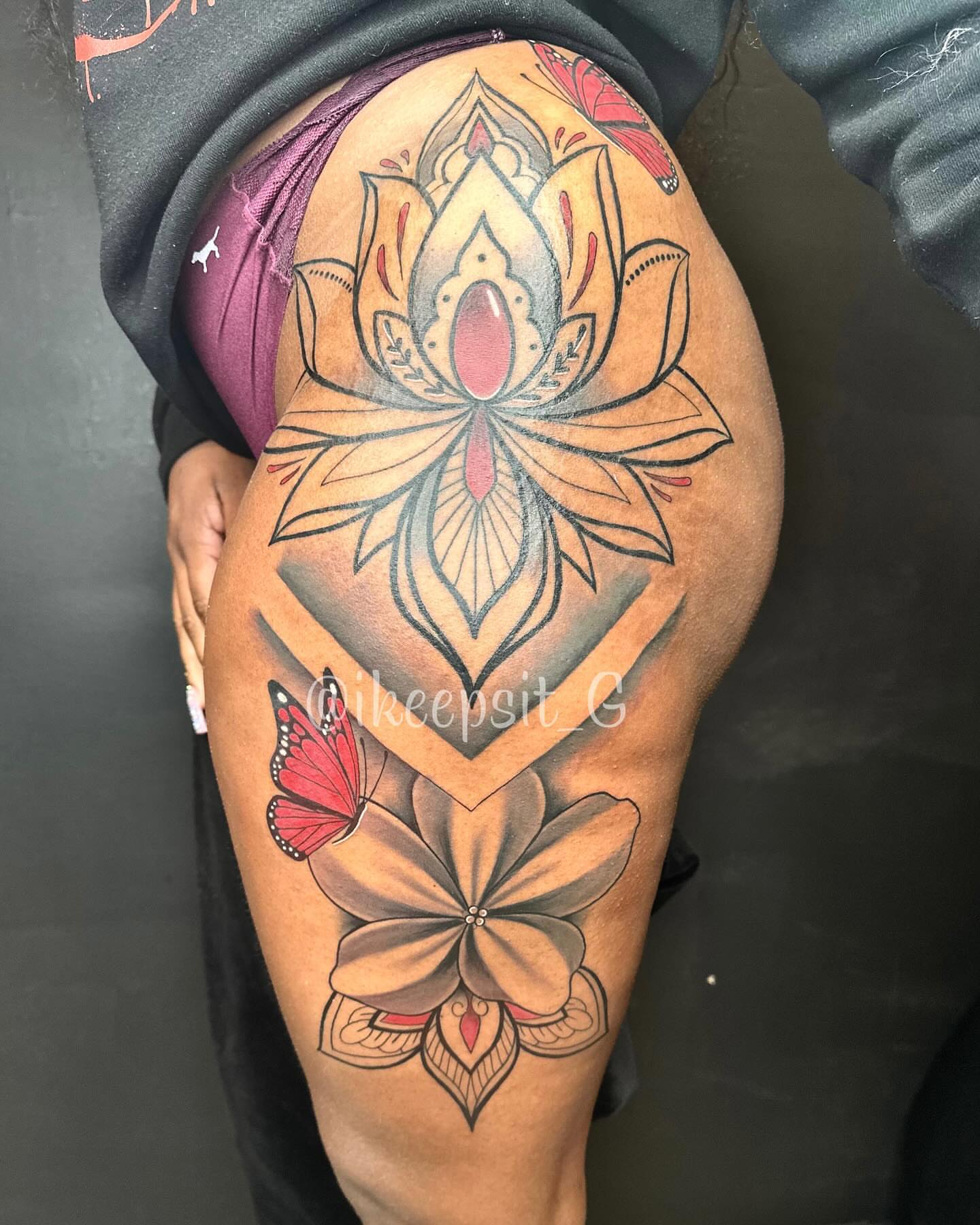 Lotus flower and butterfly geometric tattoo on the thigh by Prolific🏁so Gifted