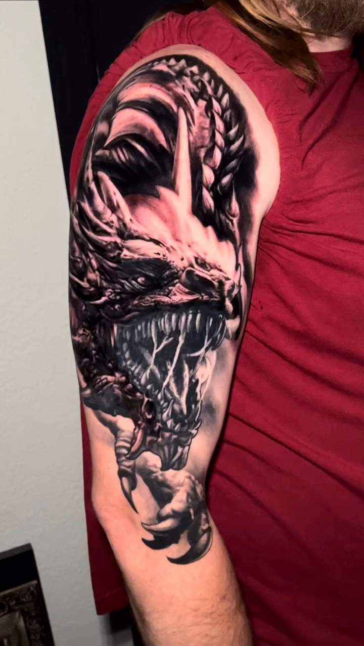 Venom monster face realism tattoo by Raul Ugarte, Roseville, California