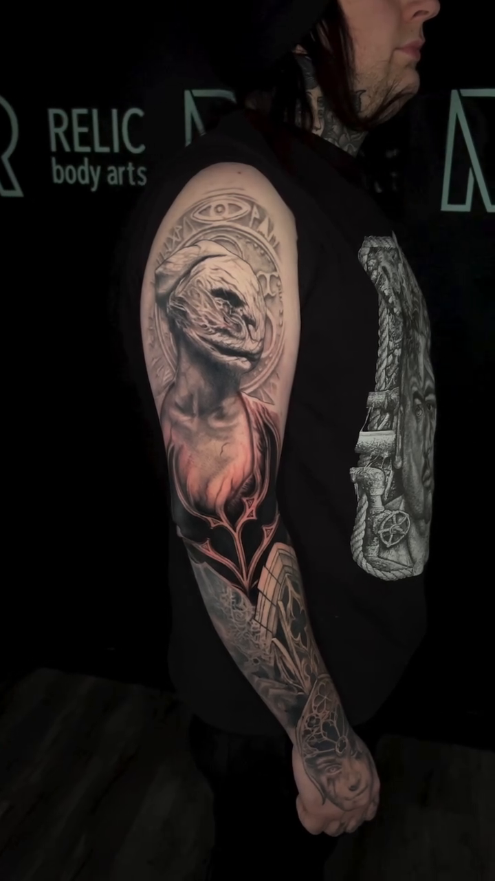 Woman with ornate headpiece and flames realism tattoo by 𝕭𝖗𝖞𝖈𝖊 𝖂𝖎𝖑𝖑𝖎𝖆𝖒