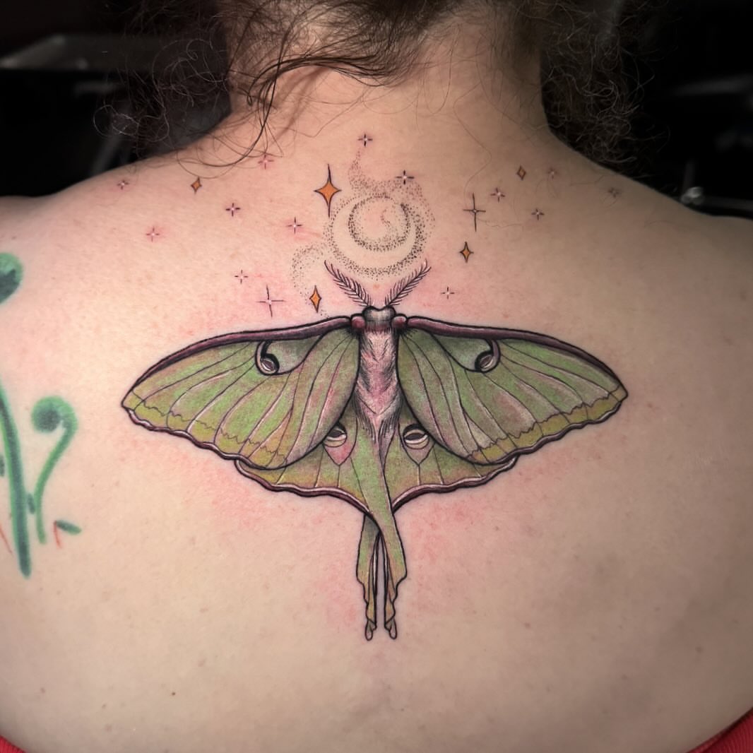 Moon moth dotwork tattoo on the back by đź’›Kristinađź’› tattoos with intention, Minneapolis, Minnesota