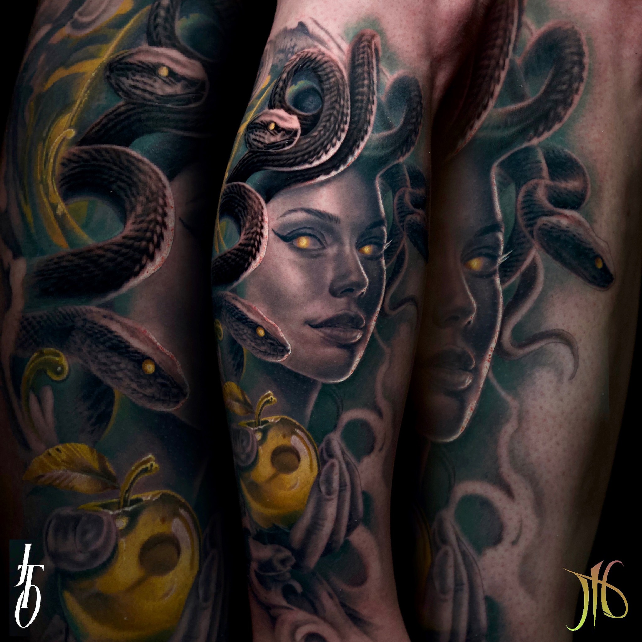 Medusa realism tattoo on the forearm by James Hall