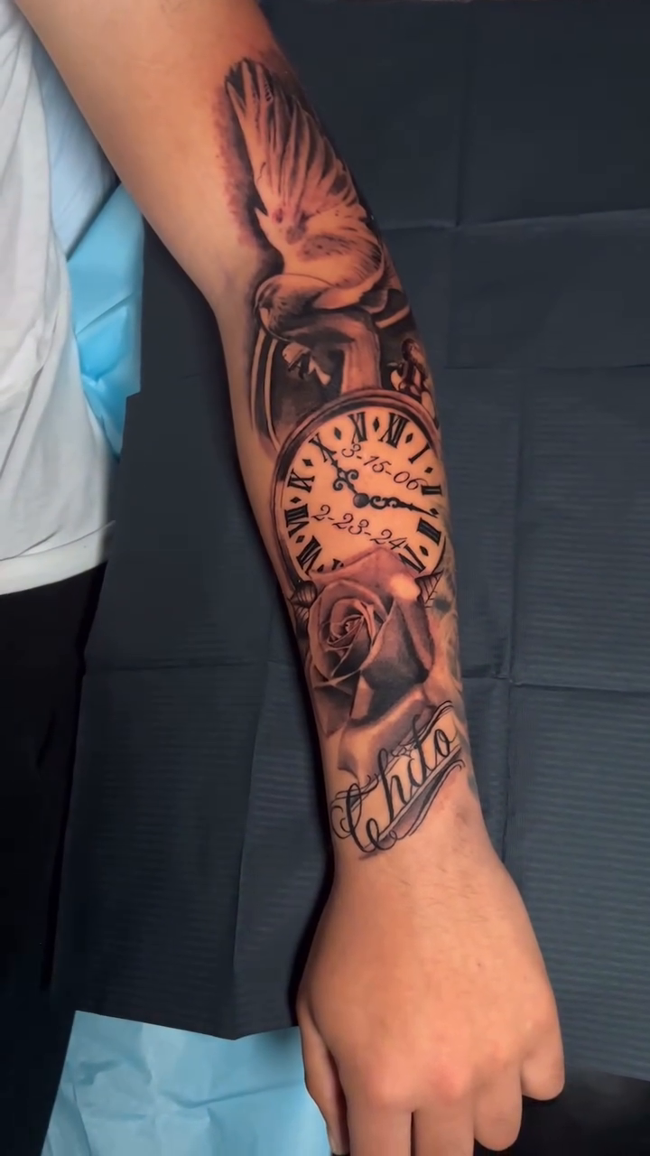 Clock, dove, and rose realism tattoo by J.diaz🎖️