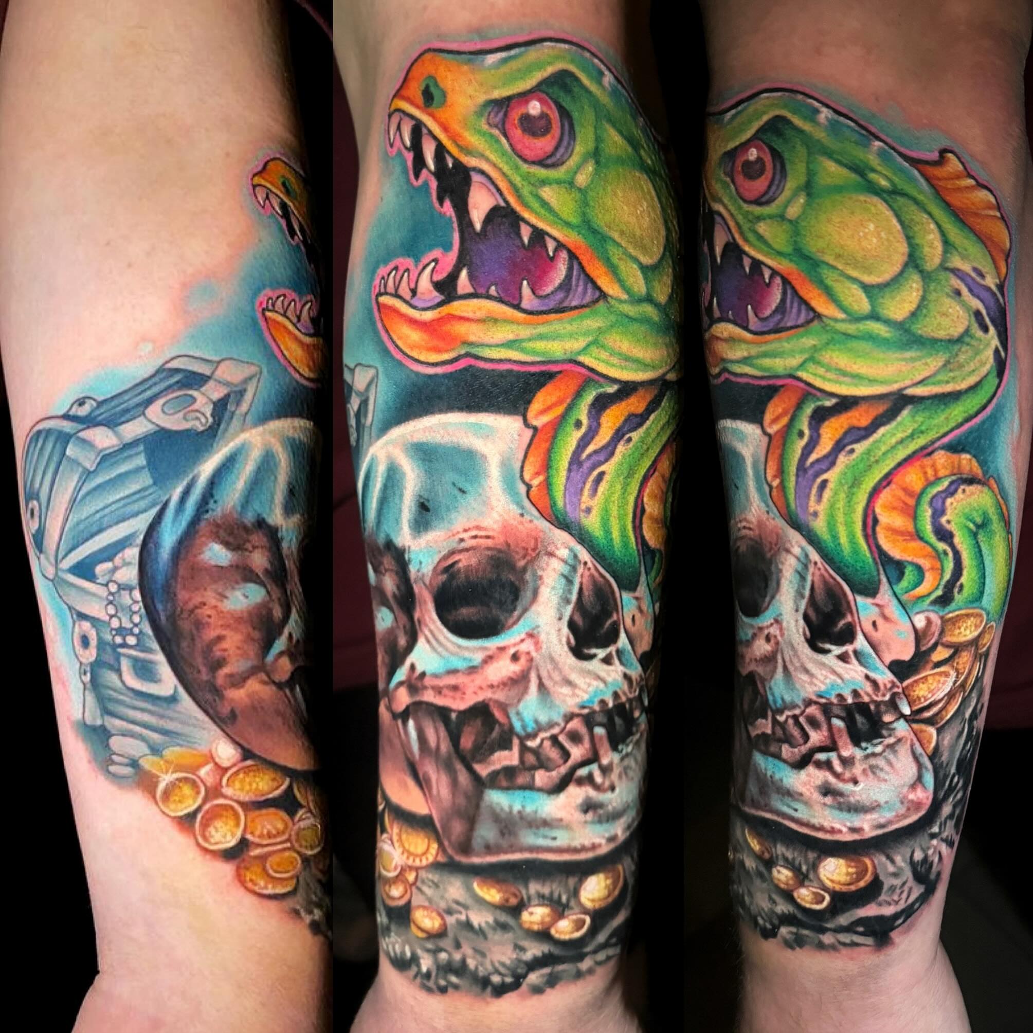 Skull with snake new school tattoo on the forearm by Mary Blake Tattoos, Franklin, Tennessee