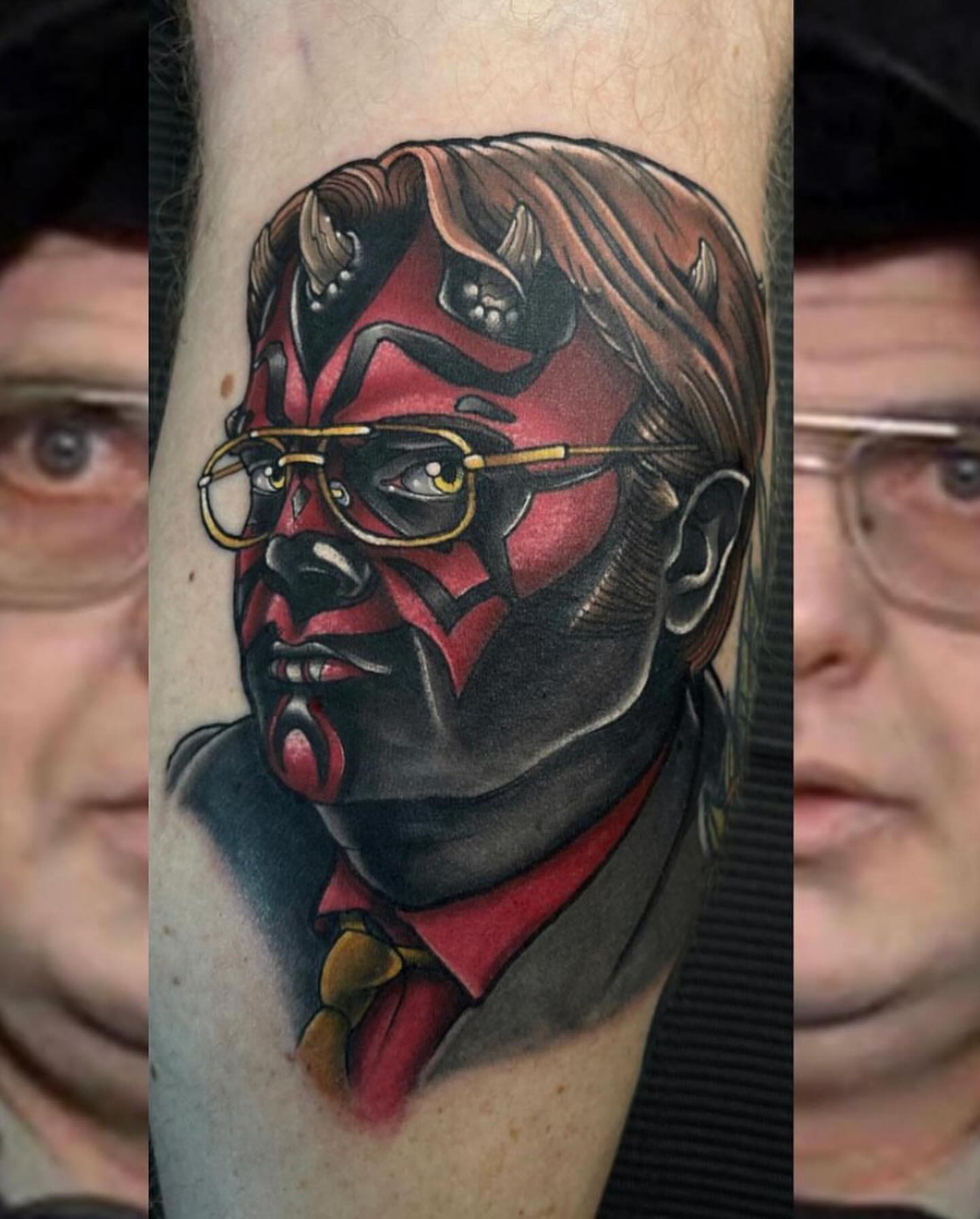 Mask-wearing man realism tattoo on the forearm by Chris Sparks, I just go by Sparks.