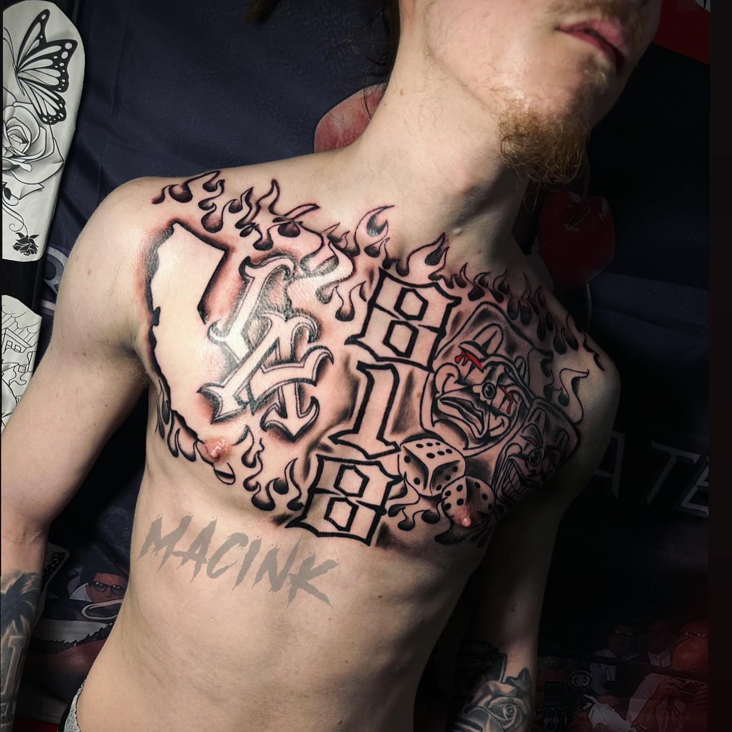Grinning skull American traditional tattoo on the chest by ATL Tattoo Artist💲