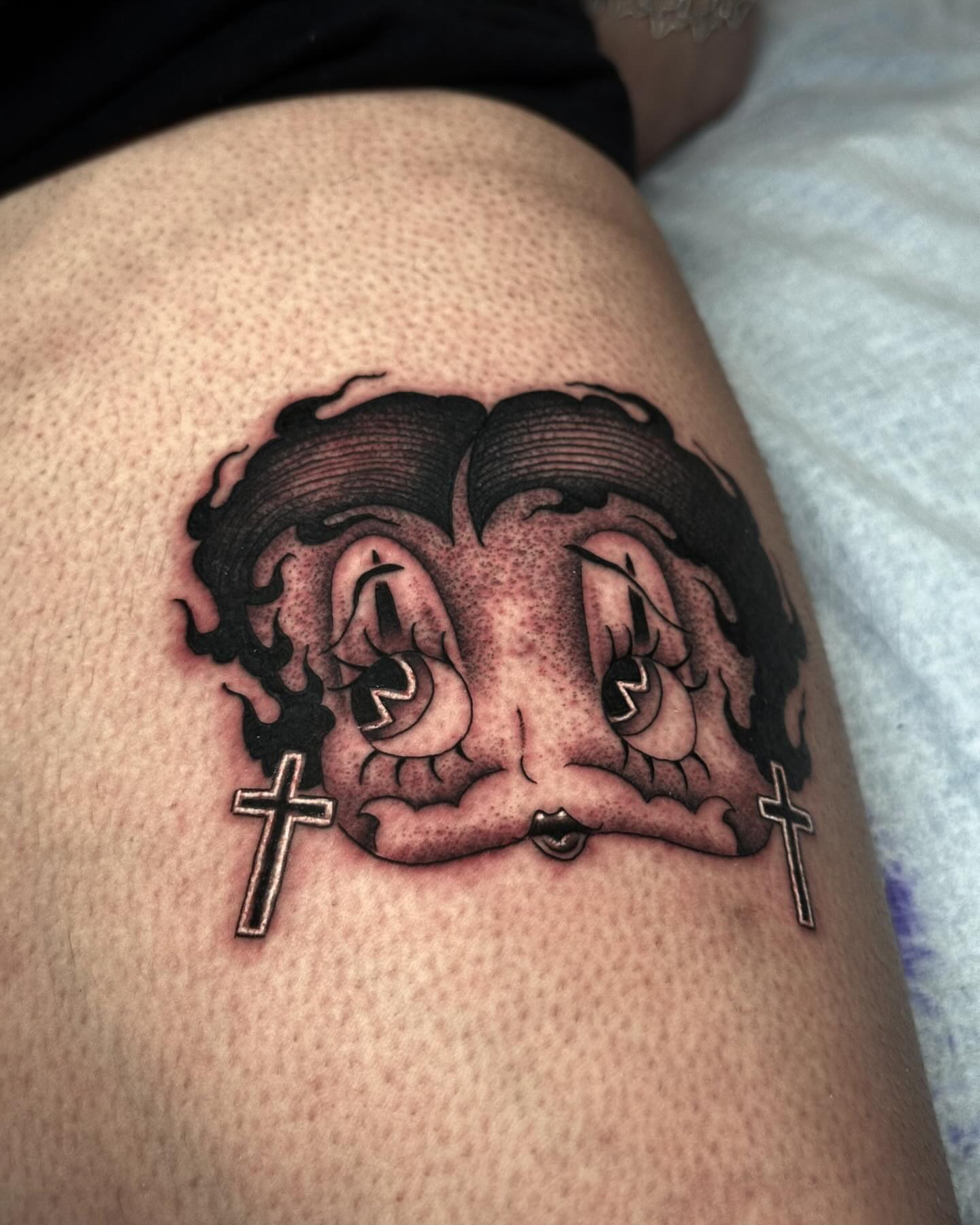 Tearful eyes dark realism tattoo on the thigh by Matthew, Georgetown, Texas