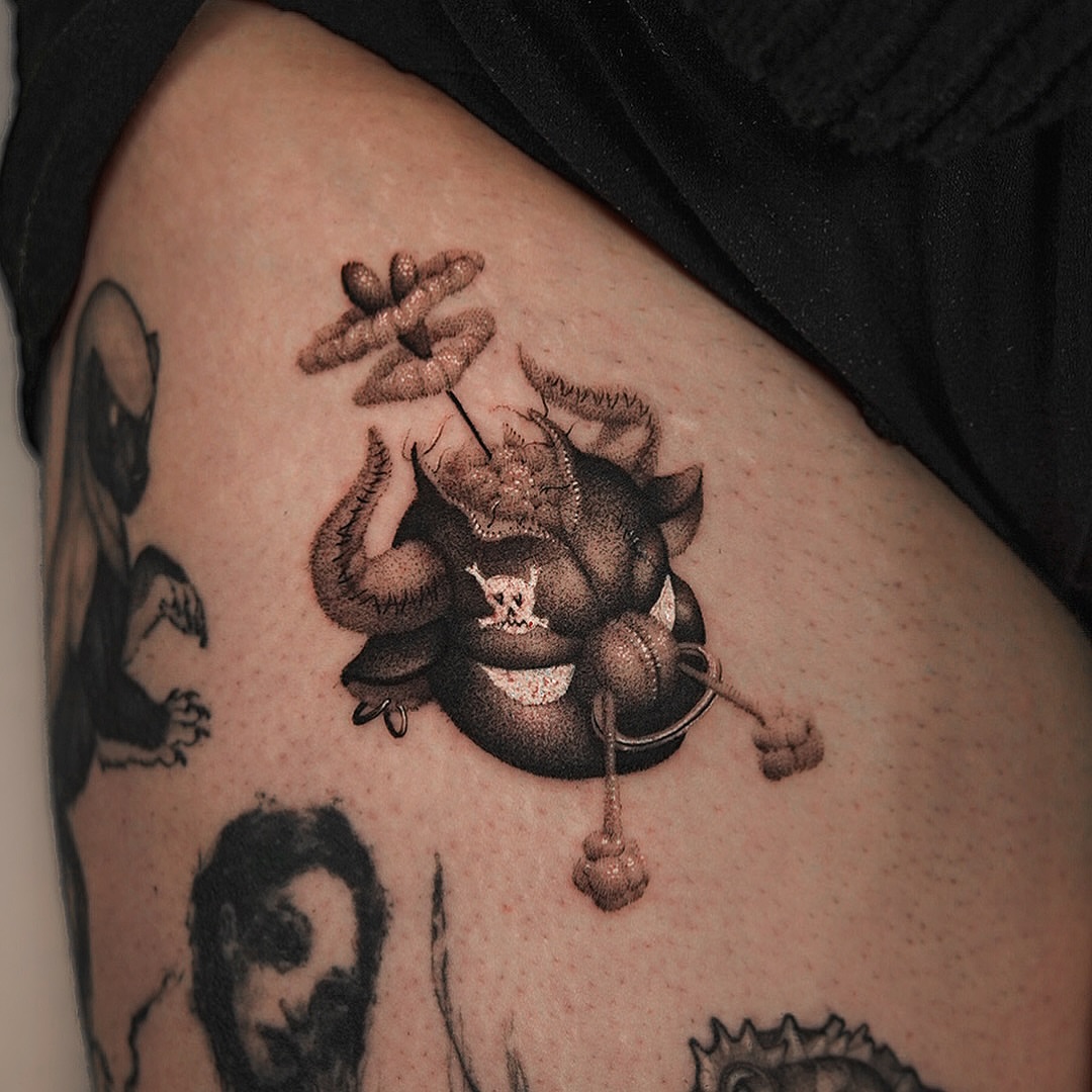 Bull skull black and grey tattoo on the thigh by Yujhi