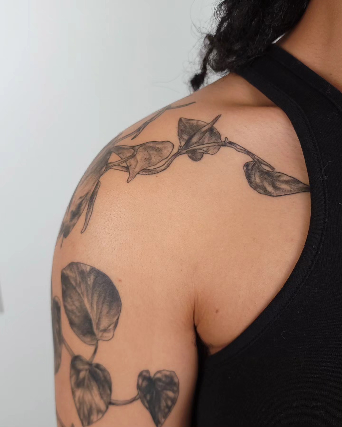 Plant vine black and grey tattoo on the shoulder by Ghost