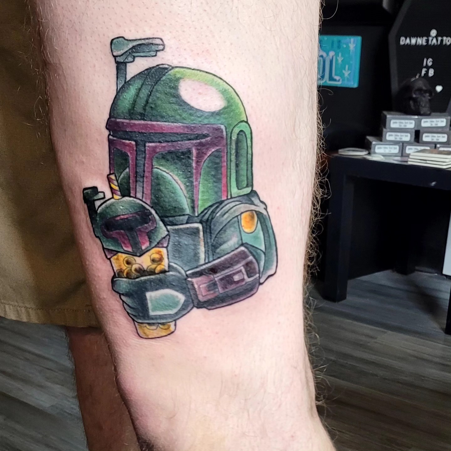Boba fett helmet dotwork tattoo on the forearm by Dawne Michele