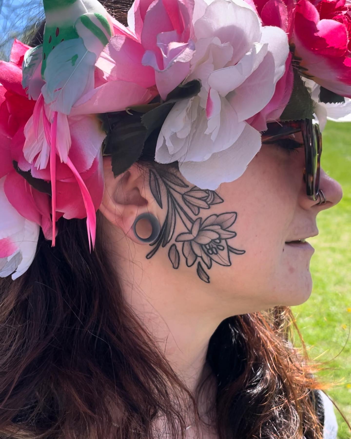 Floral black and grey tattoo on the neck by Amy Jean, Minneapolis, Minnesota