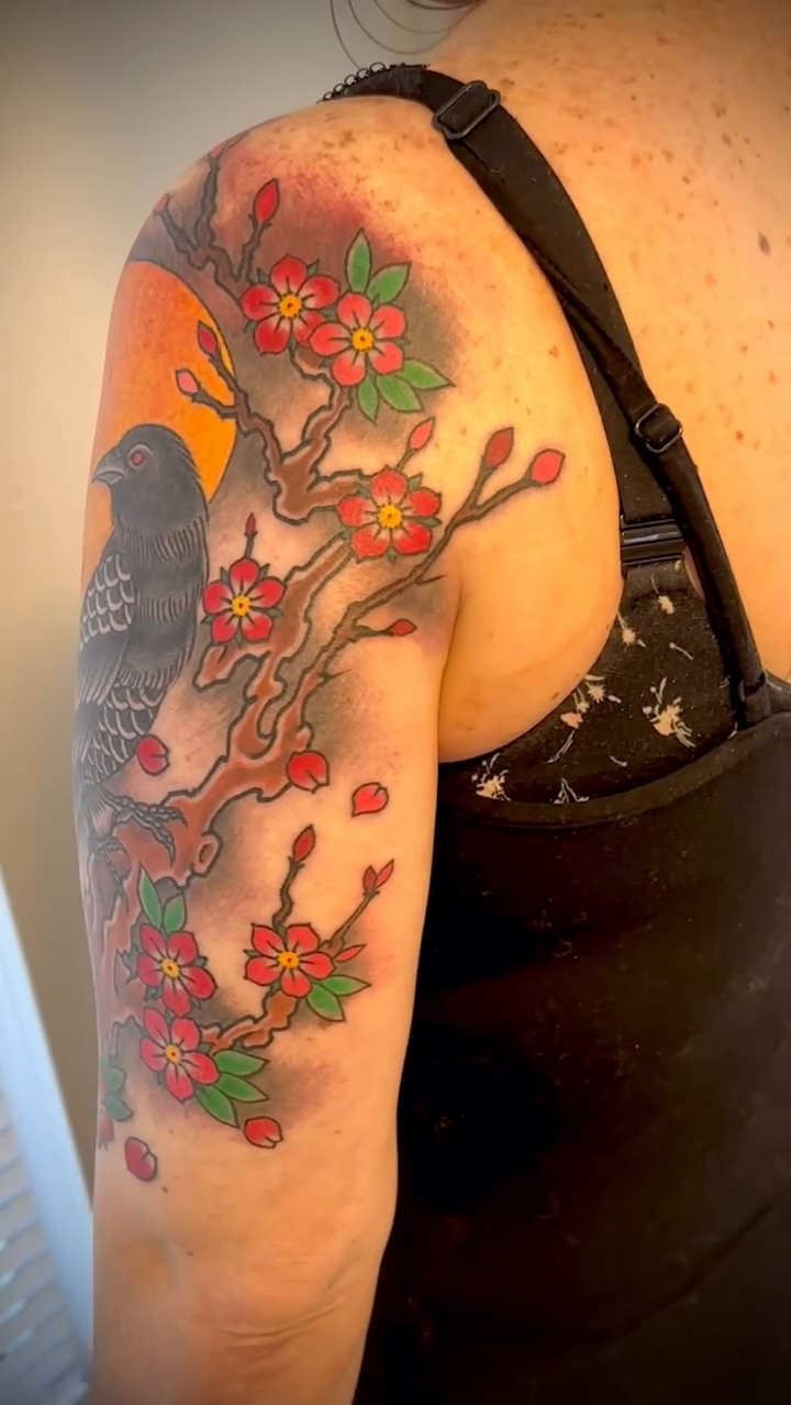 Raven and cherry blossoms japanese irezumi tattoo by Marcos Rivera, Laredo, Texas