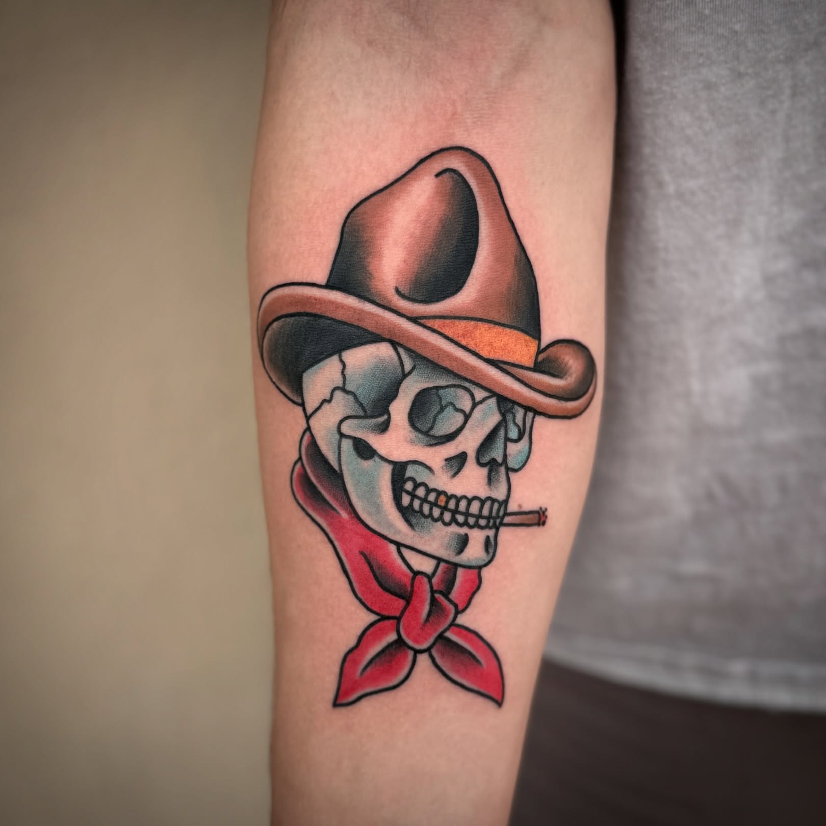 Cowboy skull American traditional tattoo on the forearm by Donovan hernandez