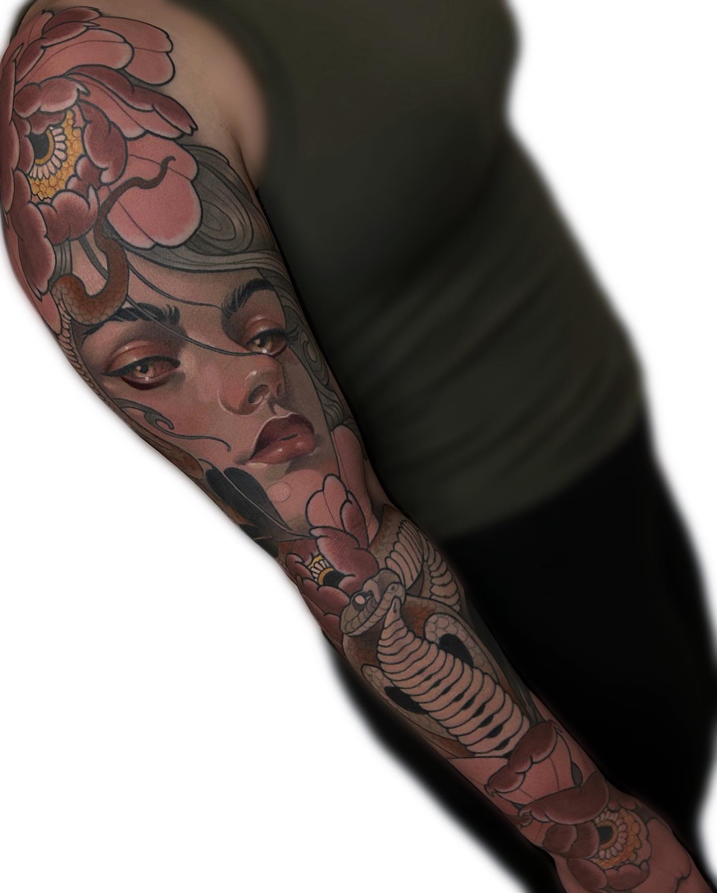 Woman with flowers American traditional tattoo on the forearm by Levi Murphy