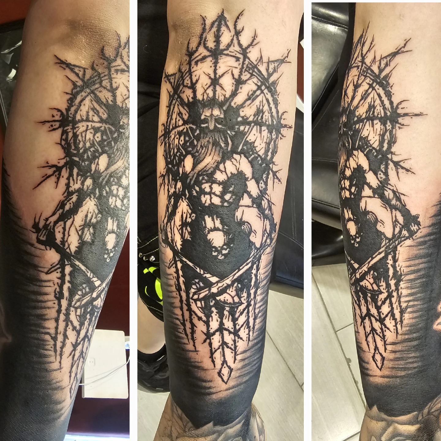 Tattoo by @a_a_ron_tattoos — blackwork, dark_realism