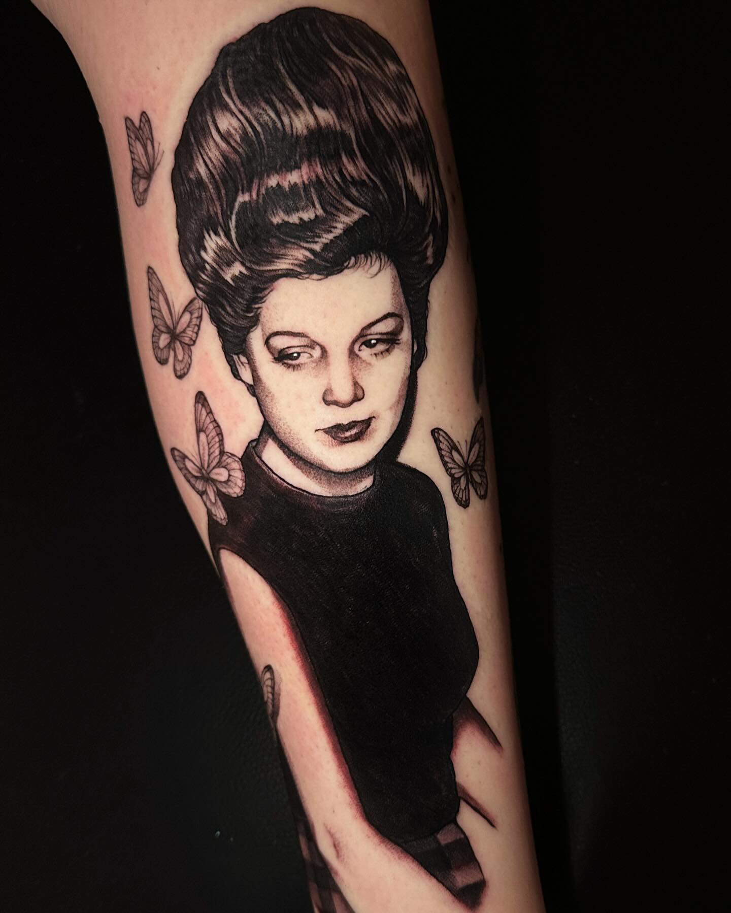 Portrait of a woman with butterflies neo-traditional tattoo on the forearm by 🦎Langley Osborn Tattoos🦎, Maryville, Tennessee