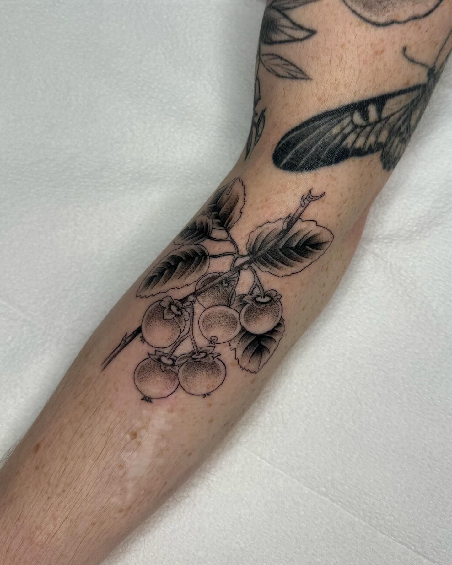 Branch with berries black and grey tattoo on the forearm by Finley Jordan