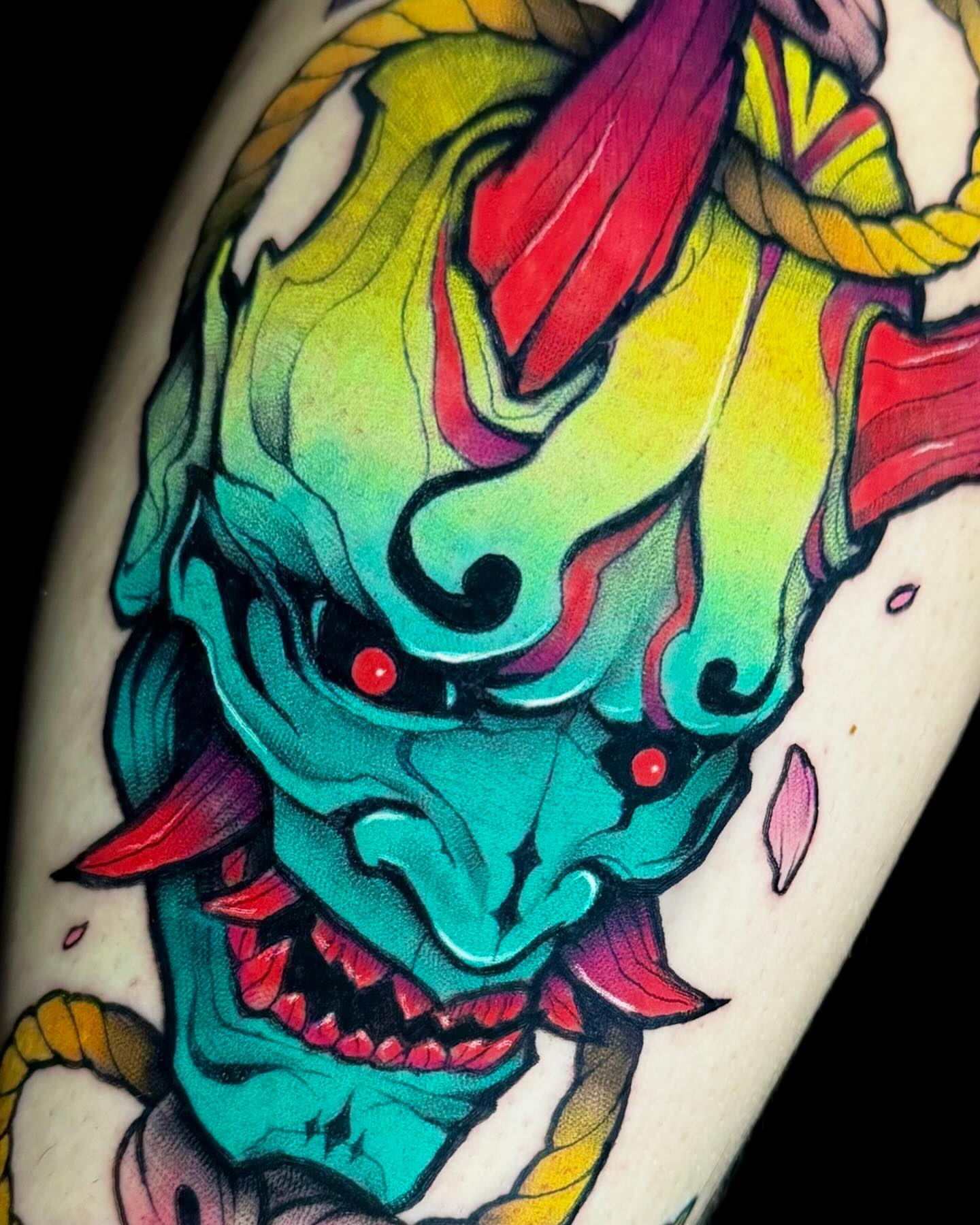 Demon mask American traditional tattoo on the forearm by 𝖟𝖊𝖓𝖋𝖚𝖑𝖑