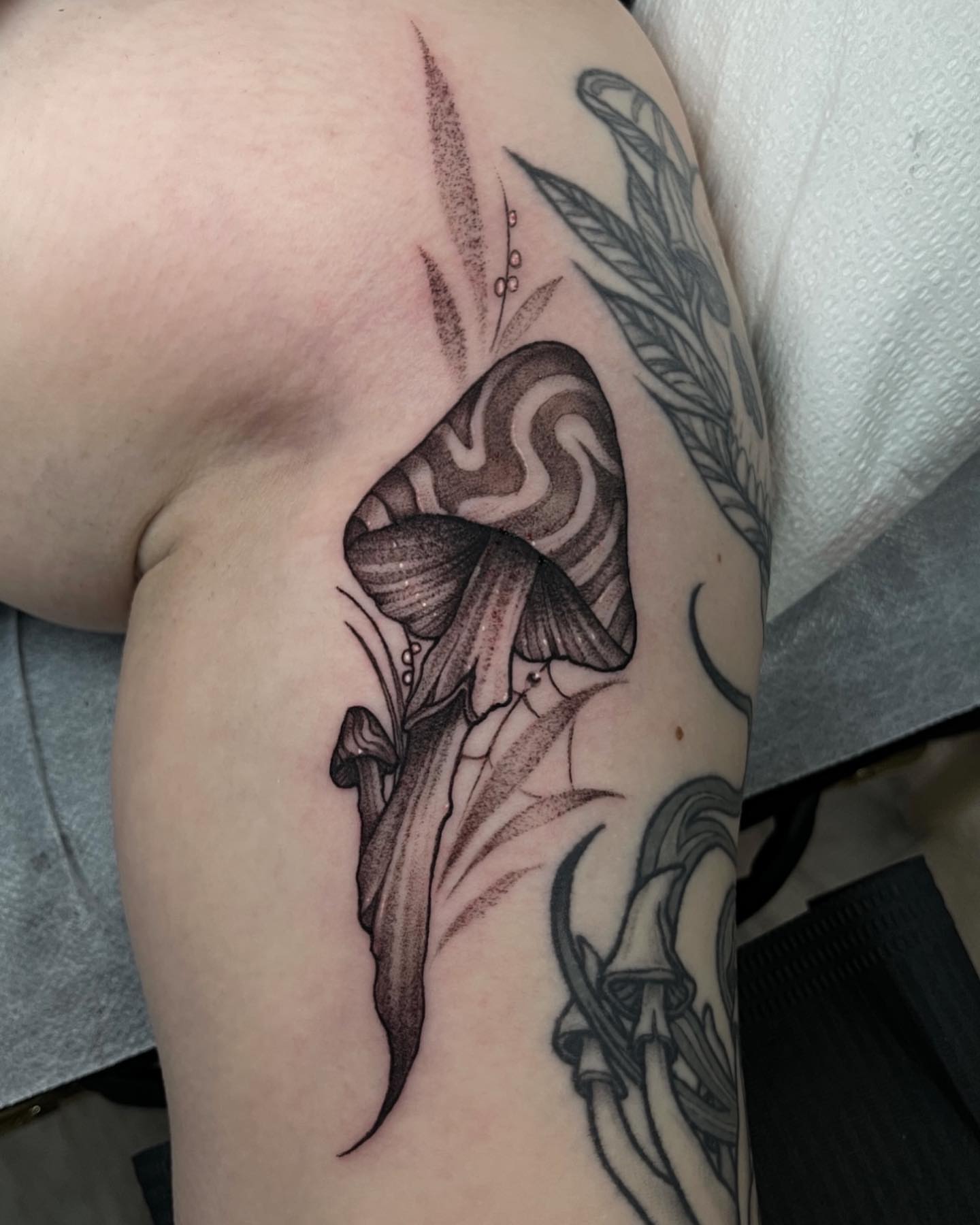 Mushroom black and grey tattoo on the upper arm by Morrison Vo