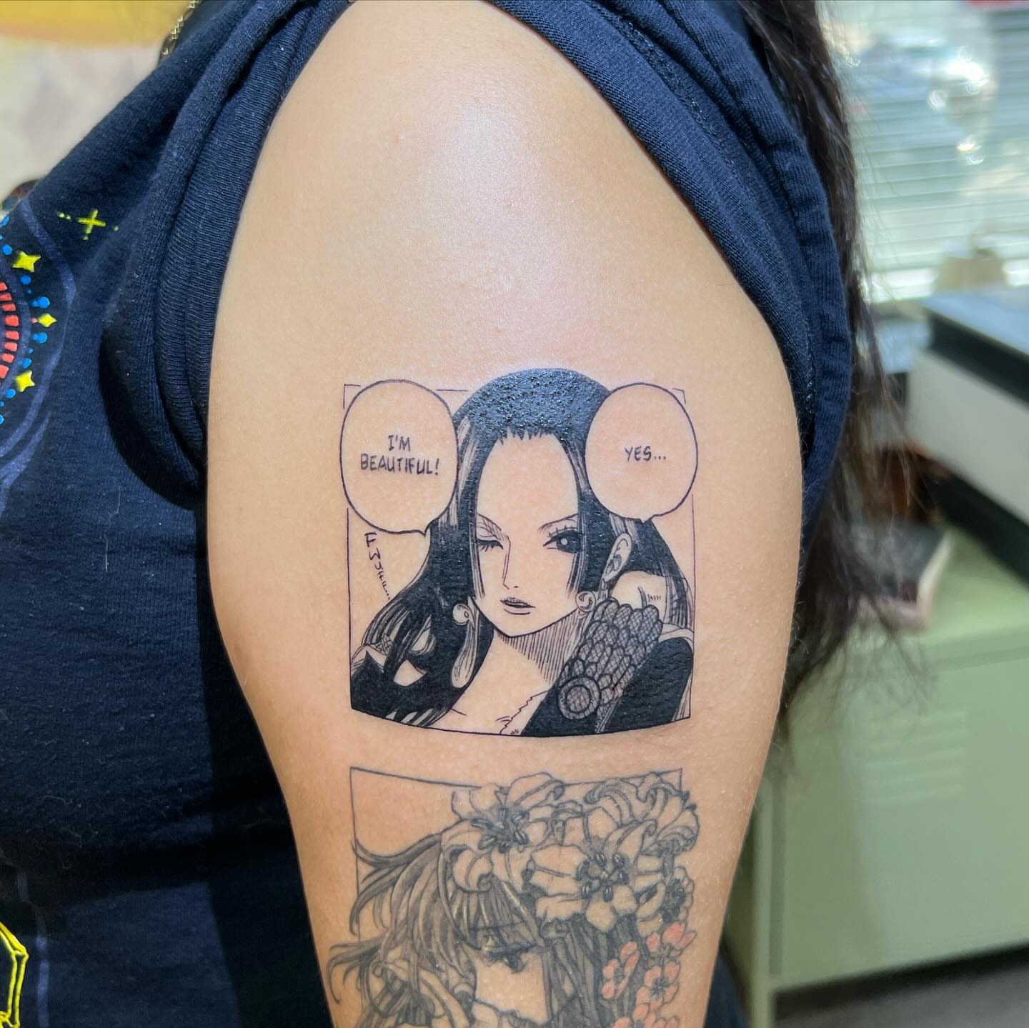 Anime character black and grey tattoo on the shoulder by ꧁༒