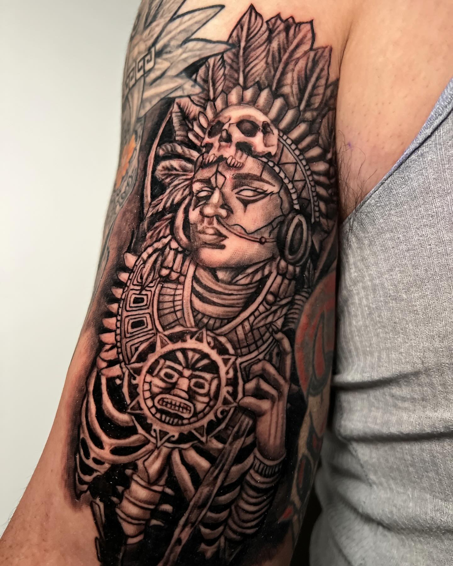 Indigenous warrior realism tattoo on the forearm by Lucky Valenzuela, Lakewood, Colorado