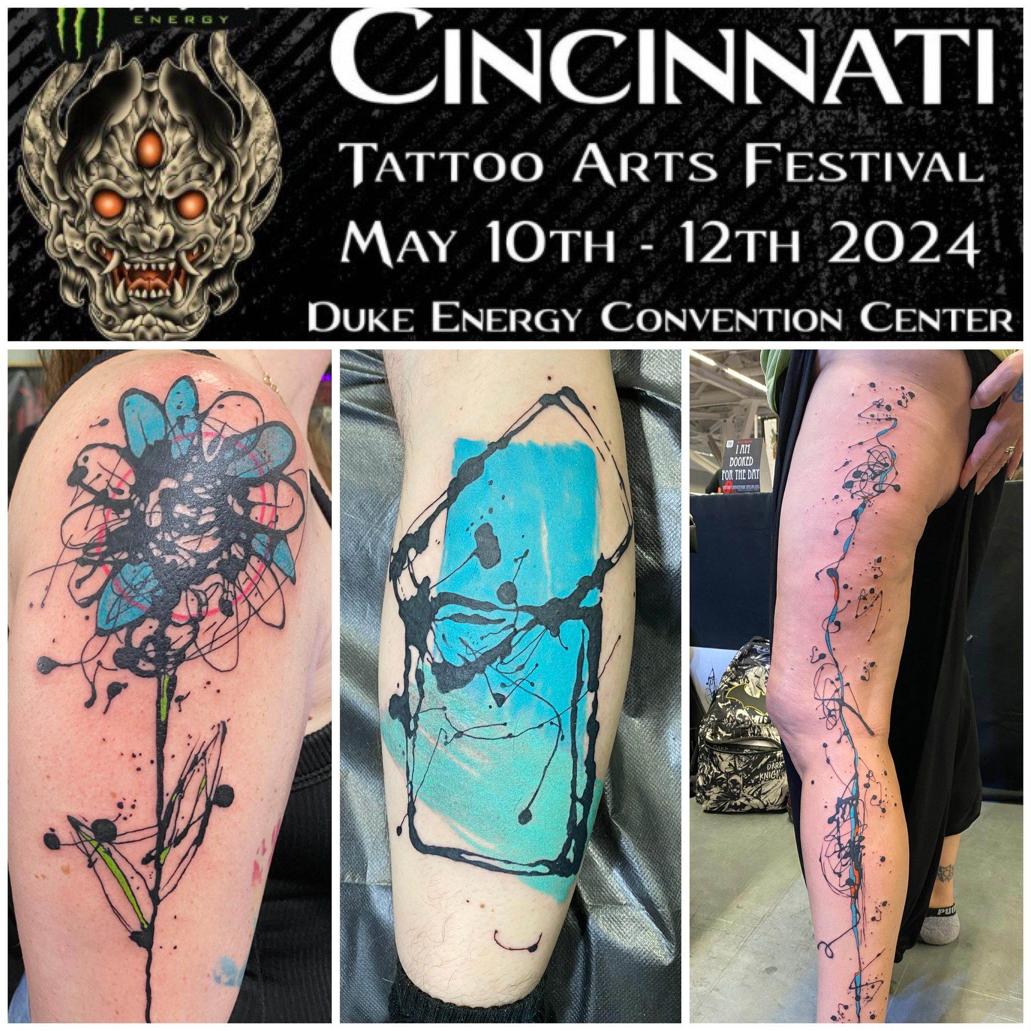 Abstract splatter dotwork tattoo on the upper arm by Keith Cromie
