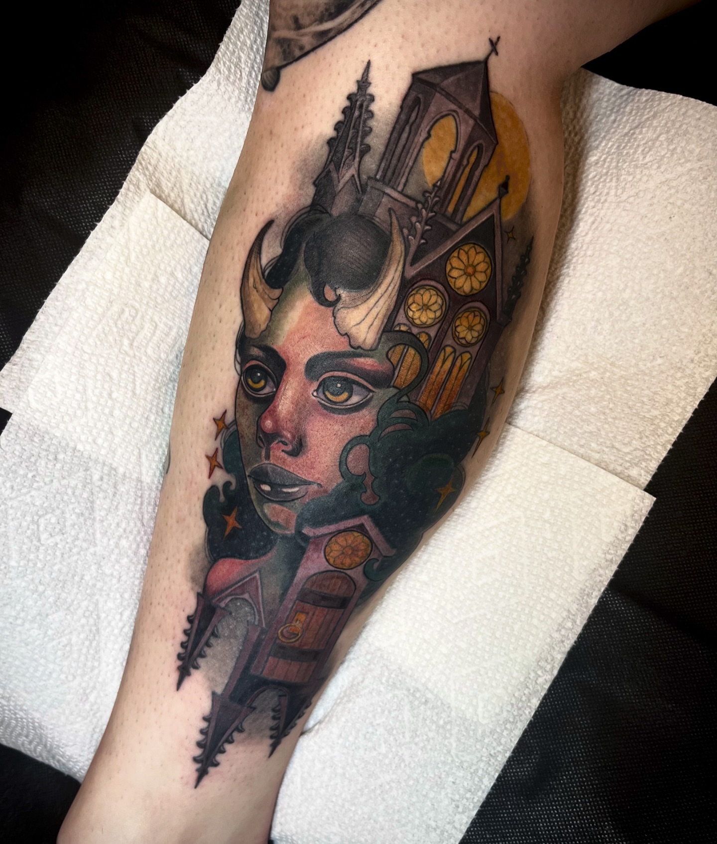 Gothic cathedral dark realism tattoo on the forearm by Jessica Brown