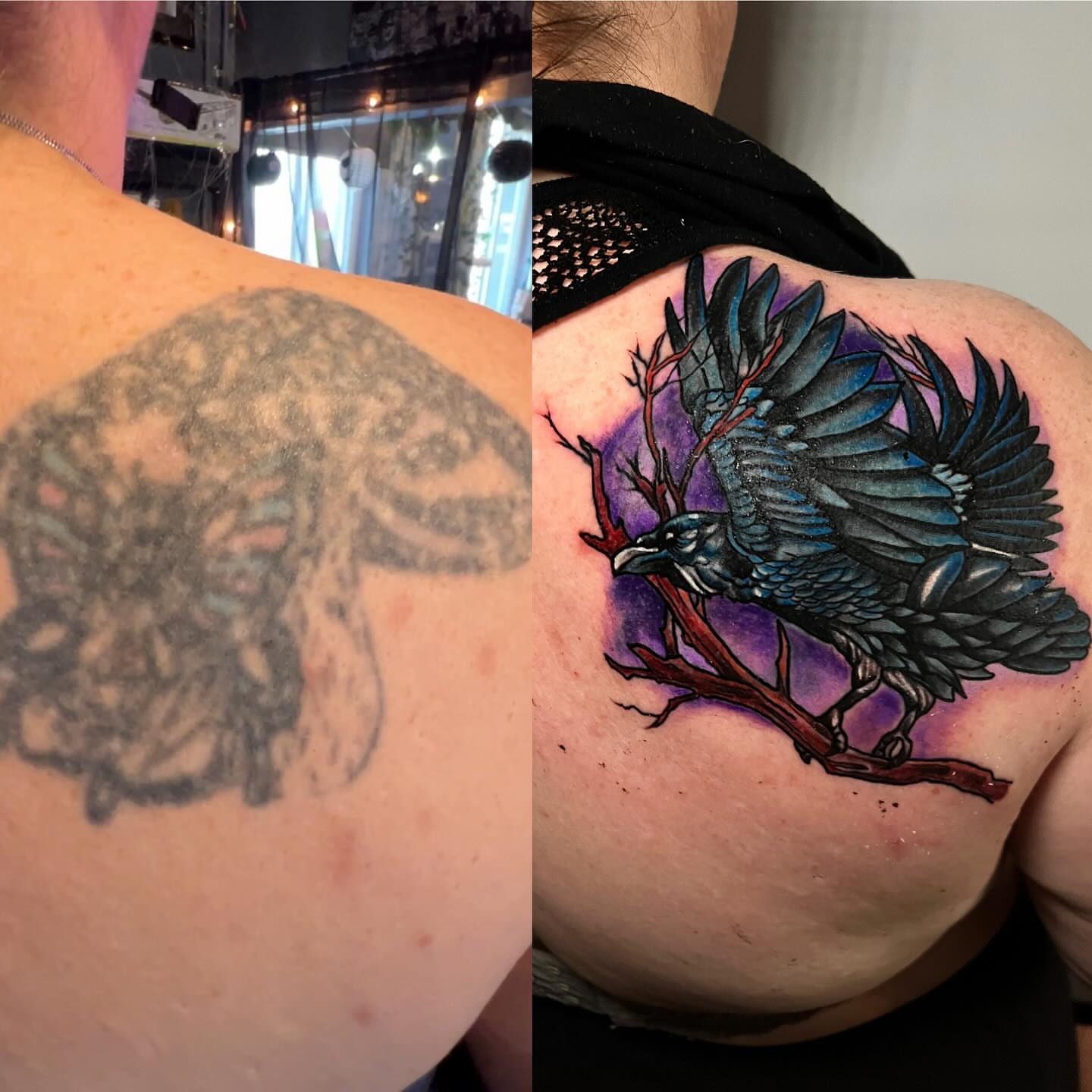 Crow realism tattoo on the shoulder by Lucky Valenzuela, Lakewood, Colorado