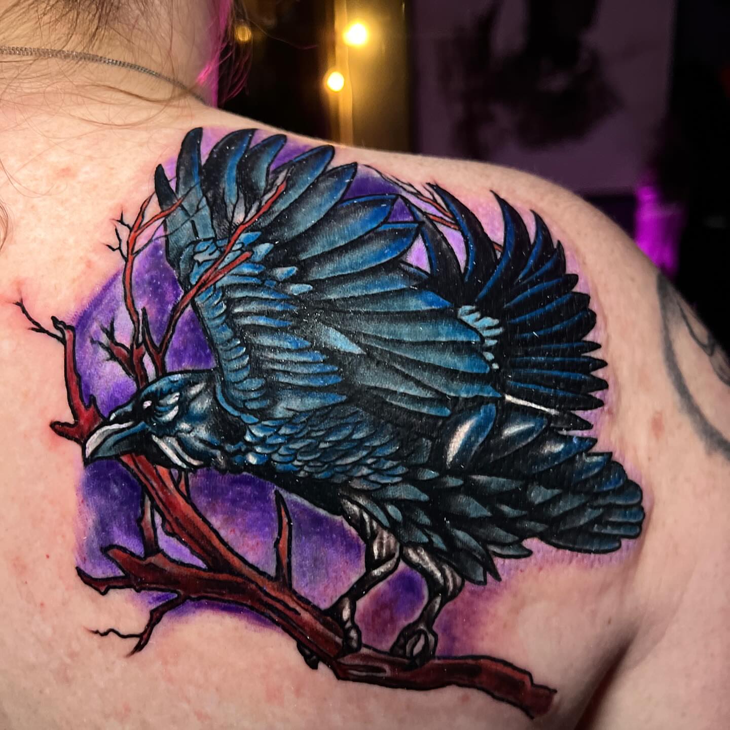 Raven realism tattoo on the shoulder by Lucky Valenzuela, Lakewood, Colorado