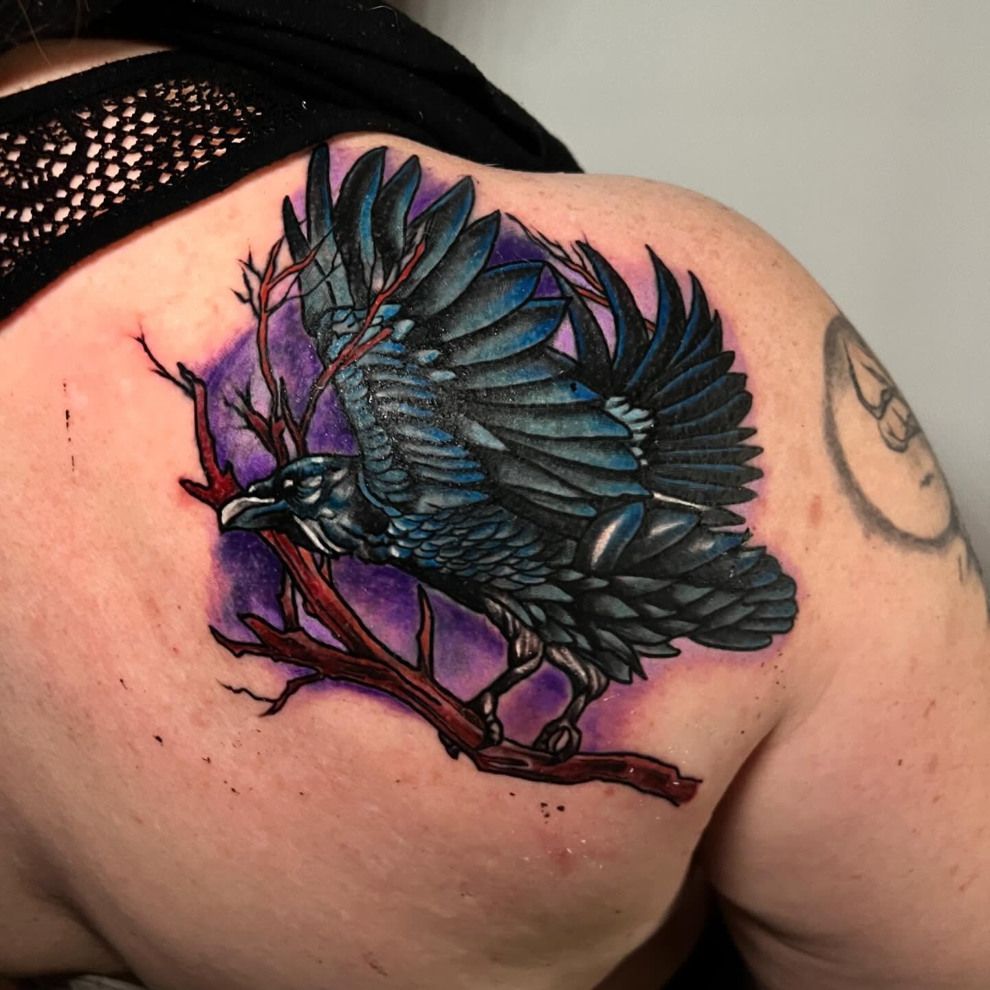 Crow realism tattoo on the shoulder by Lucky Valenzuela, Lakewood, Colorado