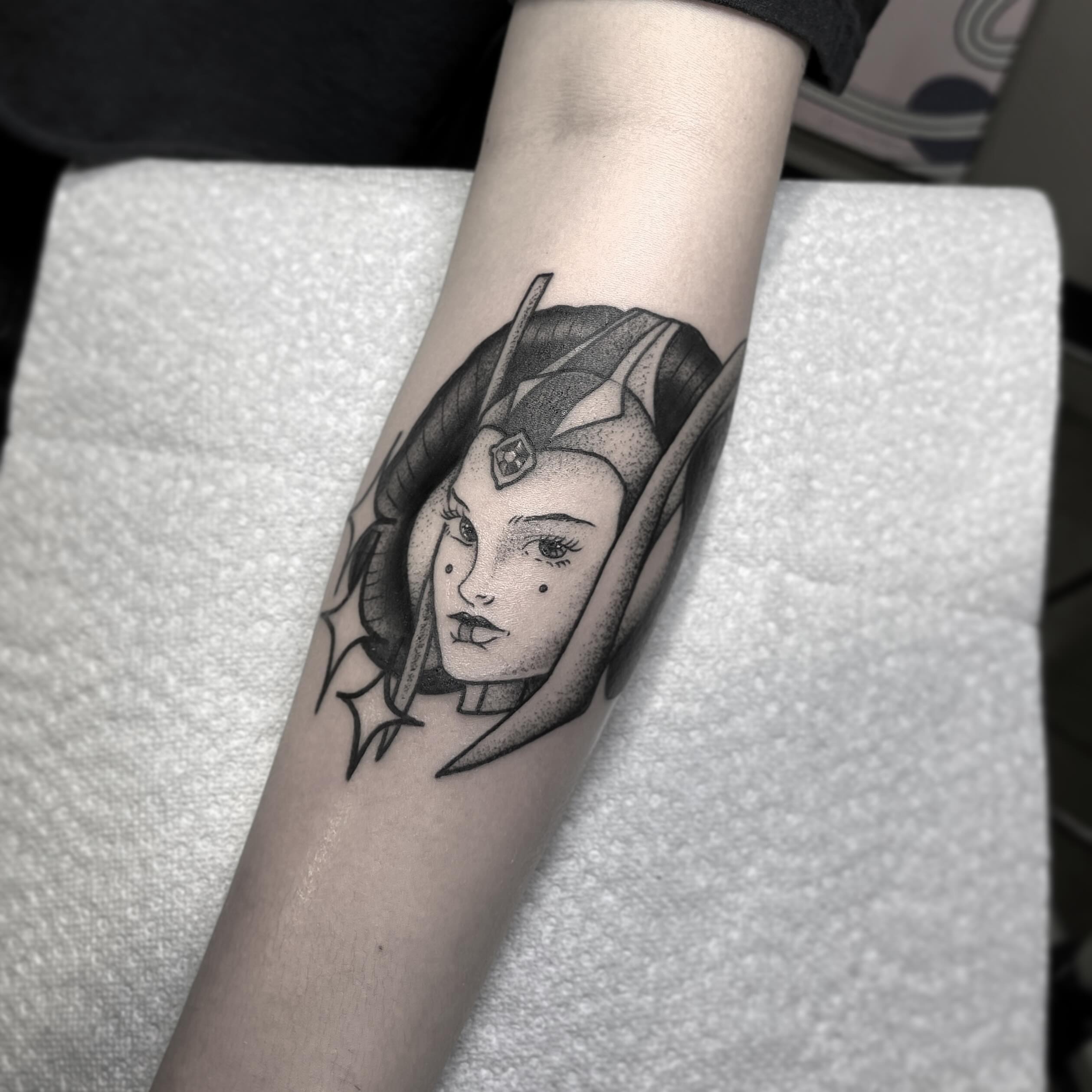 Anime character dotwork tattoo on the forearm by Beejay Tattoo Artist San Antonio Amarillo TX