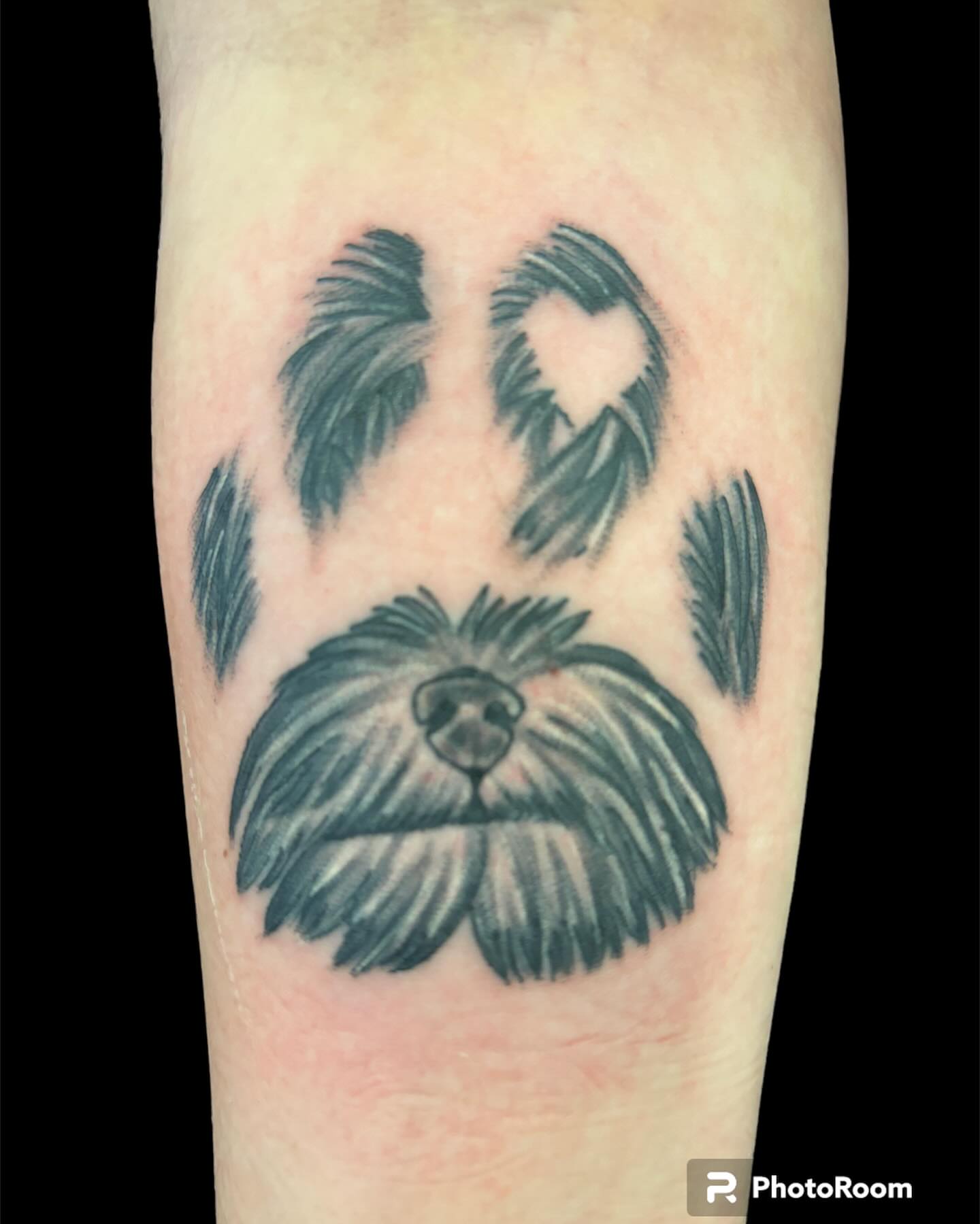 Dog black and grey tattoo on the forearm by Dale Martin