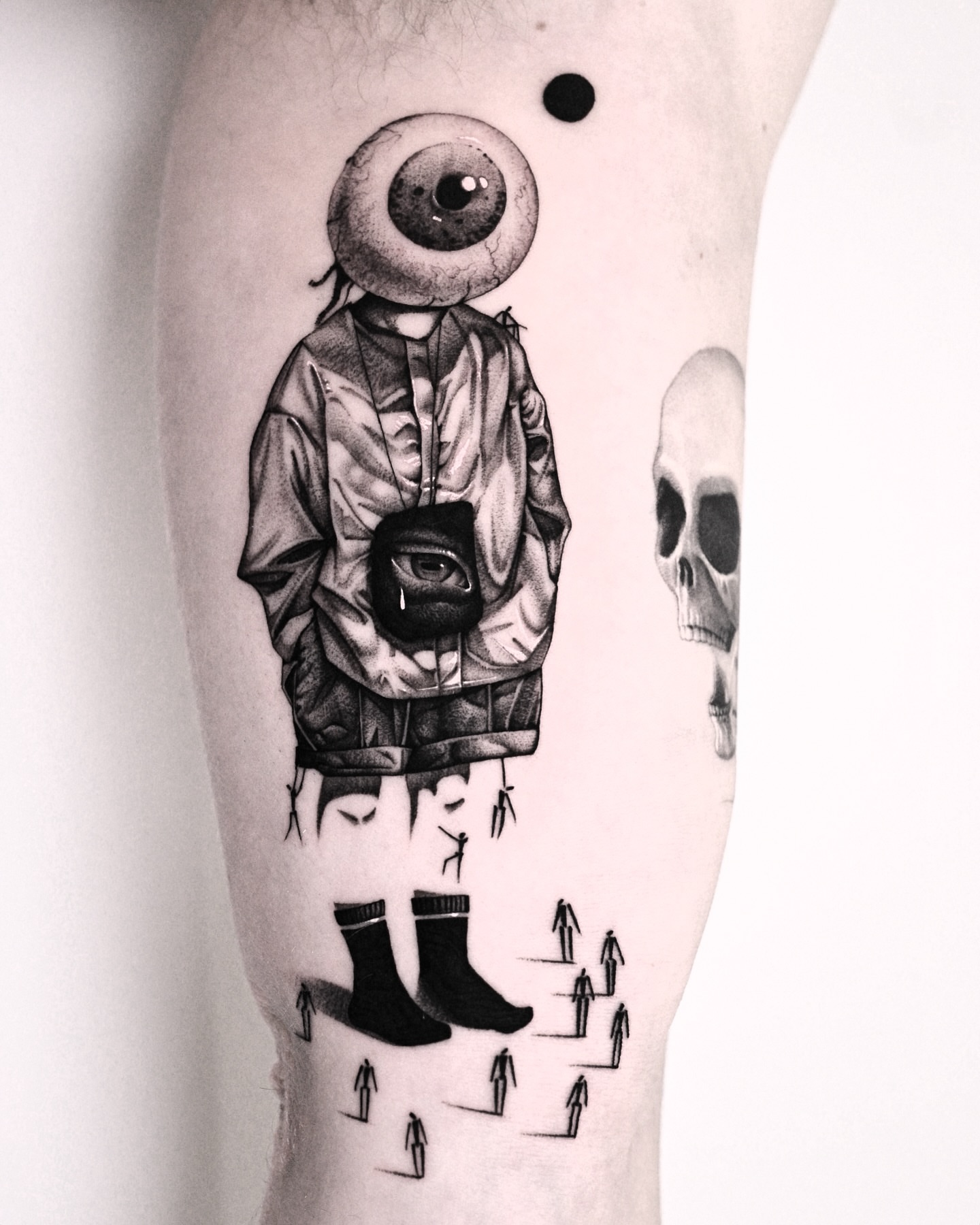 Eyeless figure with skull surrealism tattoo on the forearm by 9rukim