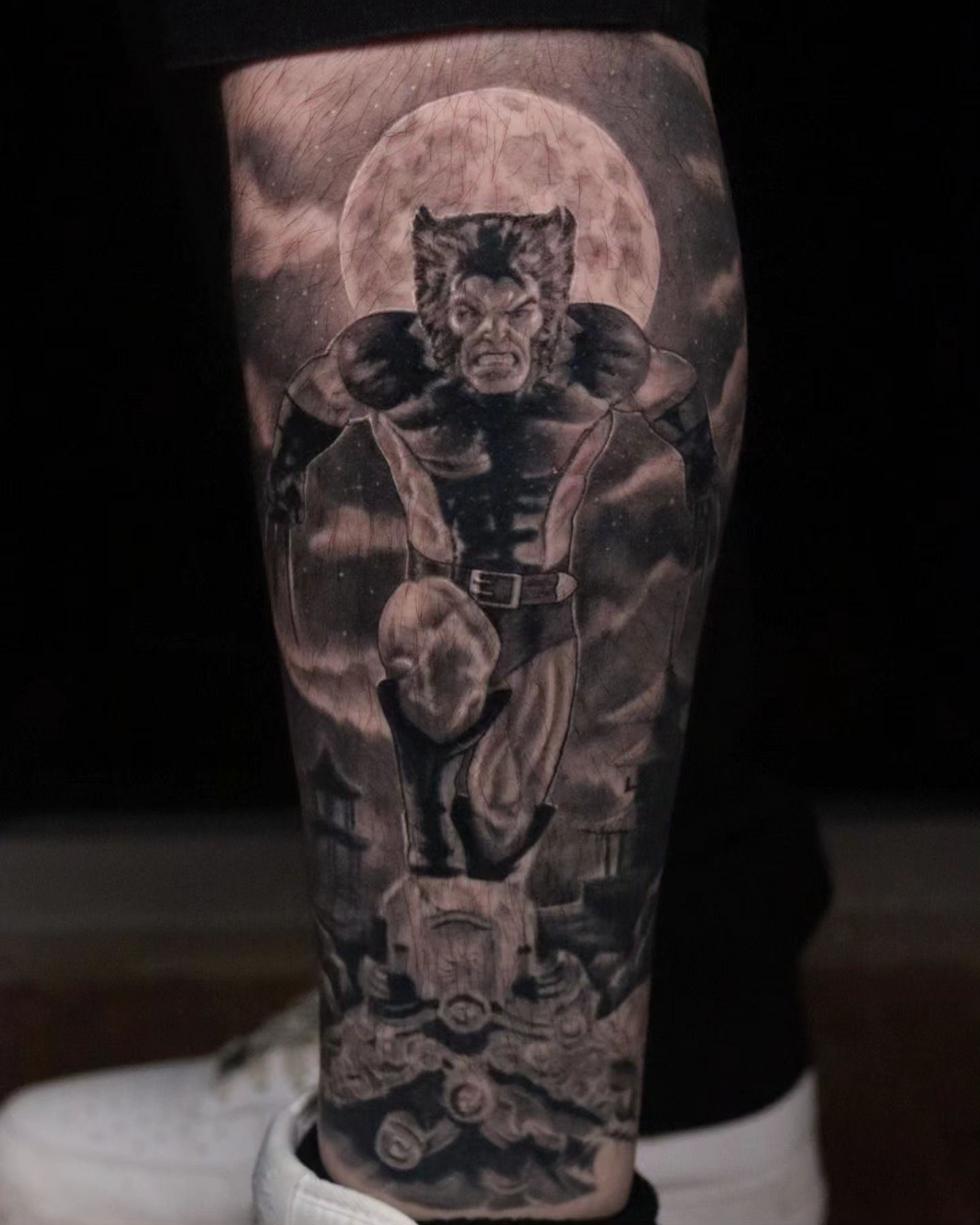 Black panther realism tattoo on the calf by Brandon Rabago, Fort Worth, Texas