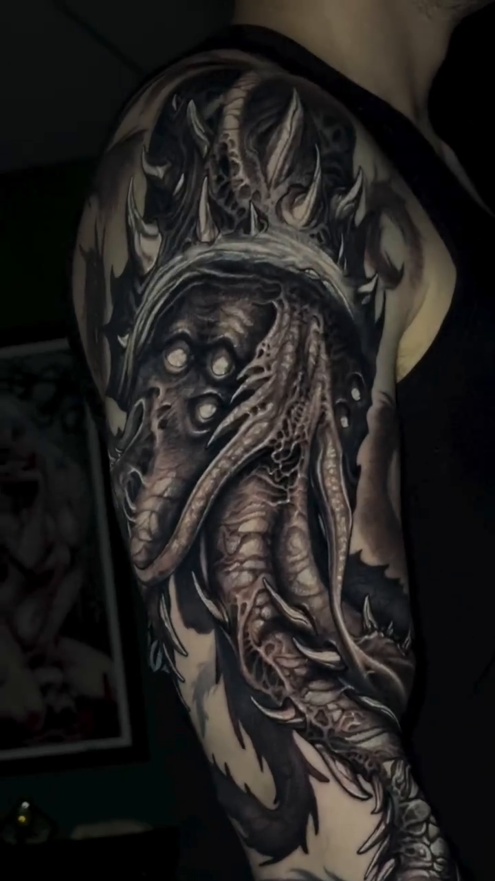 Tattoo by @aaronmtattoos — dark_realism, black_and_grey