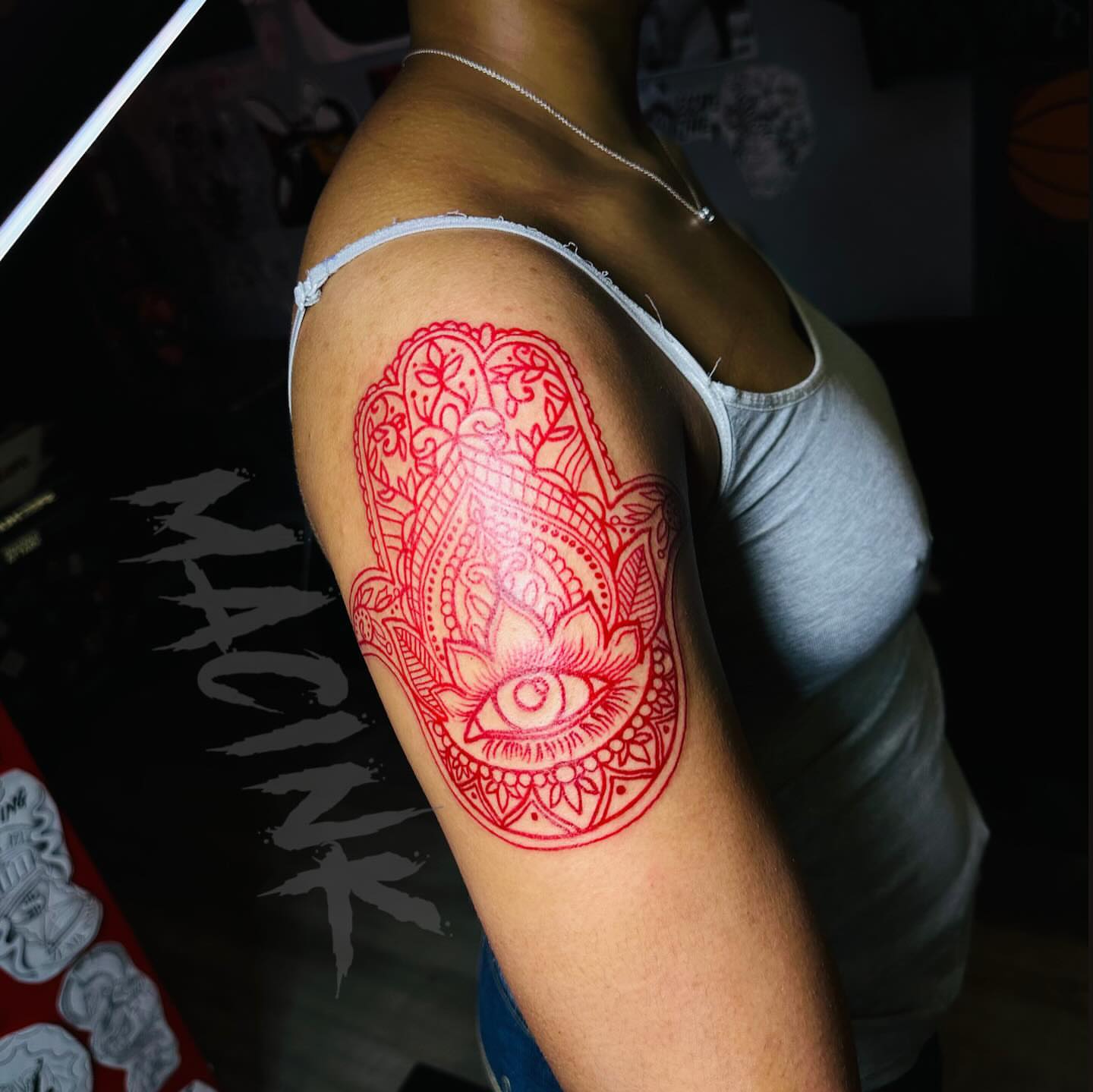 Hamsa hand ornamental tattoo on the upper arm by ATL Tattoo Artist💲
