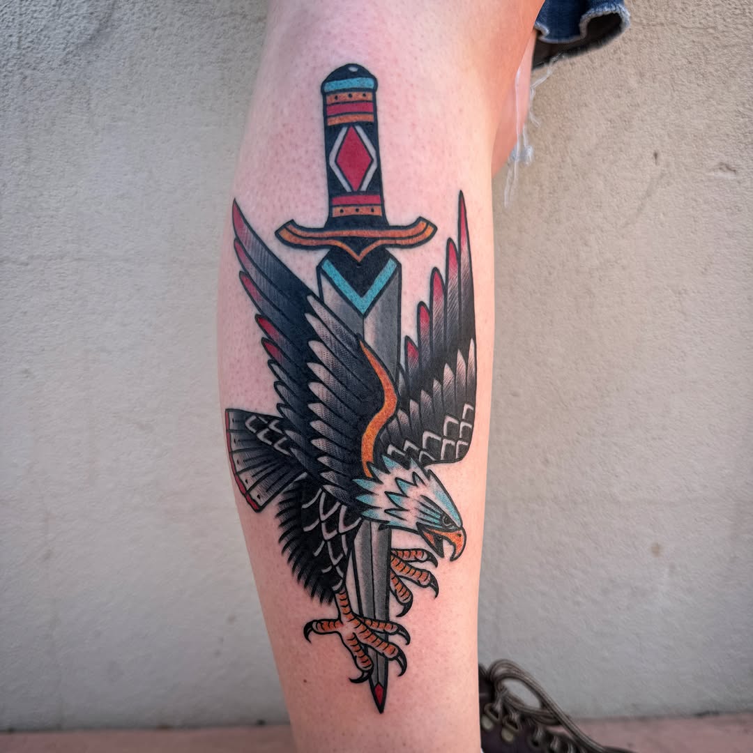 Eagle and dagger American traditional tattoo on the forearm by Donovan hernandez