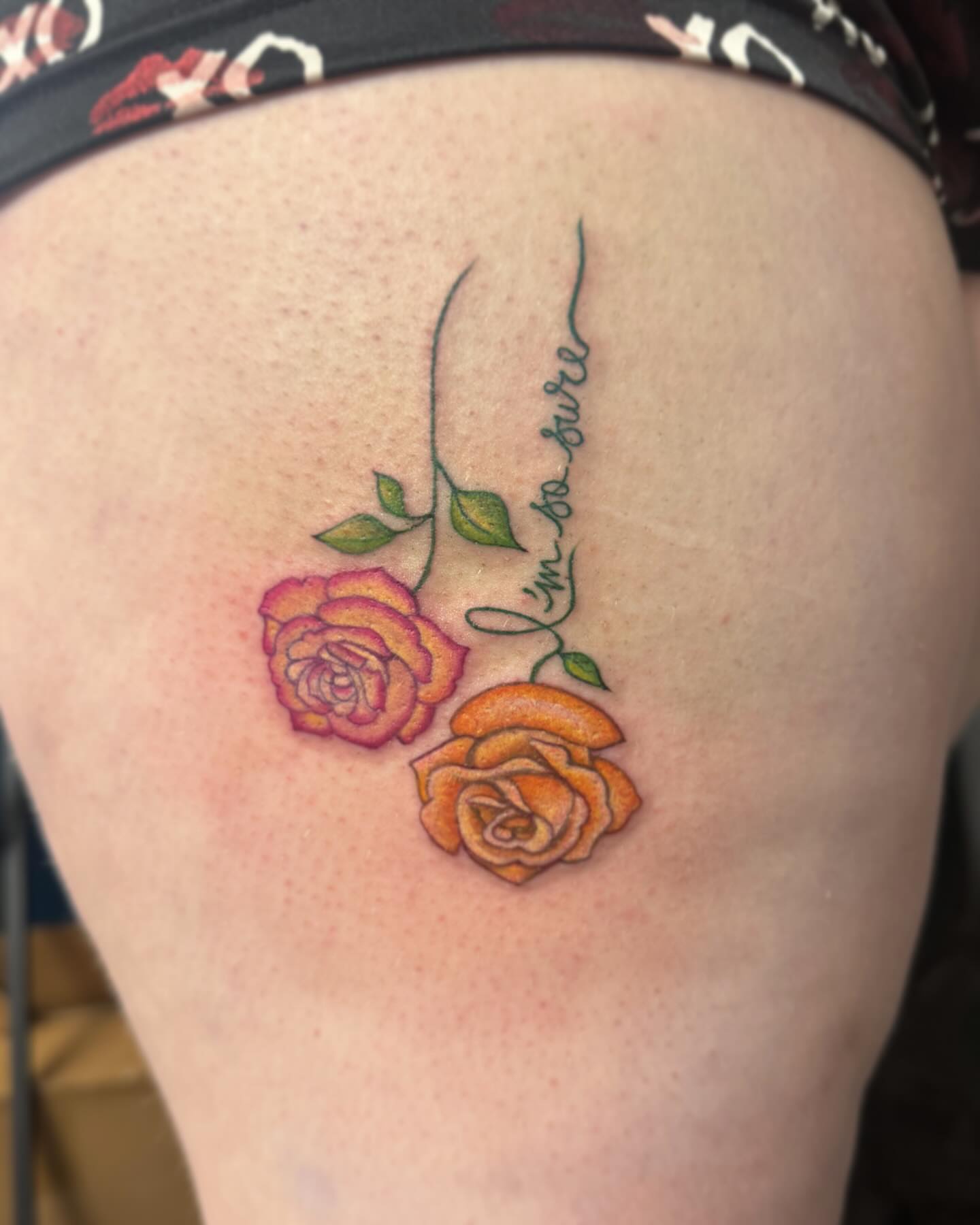 Roses dotwork tattoo on the thigh by Robyn Mahon