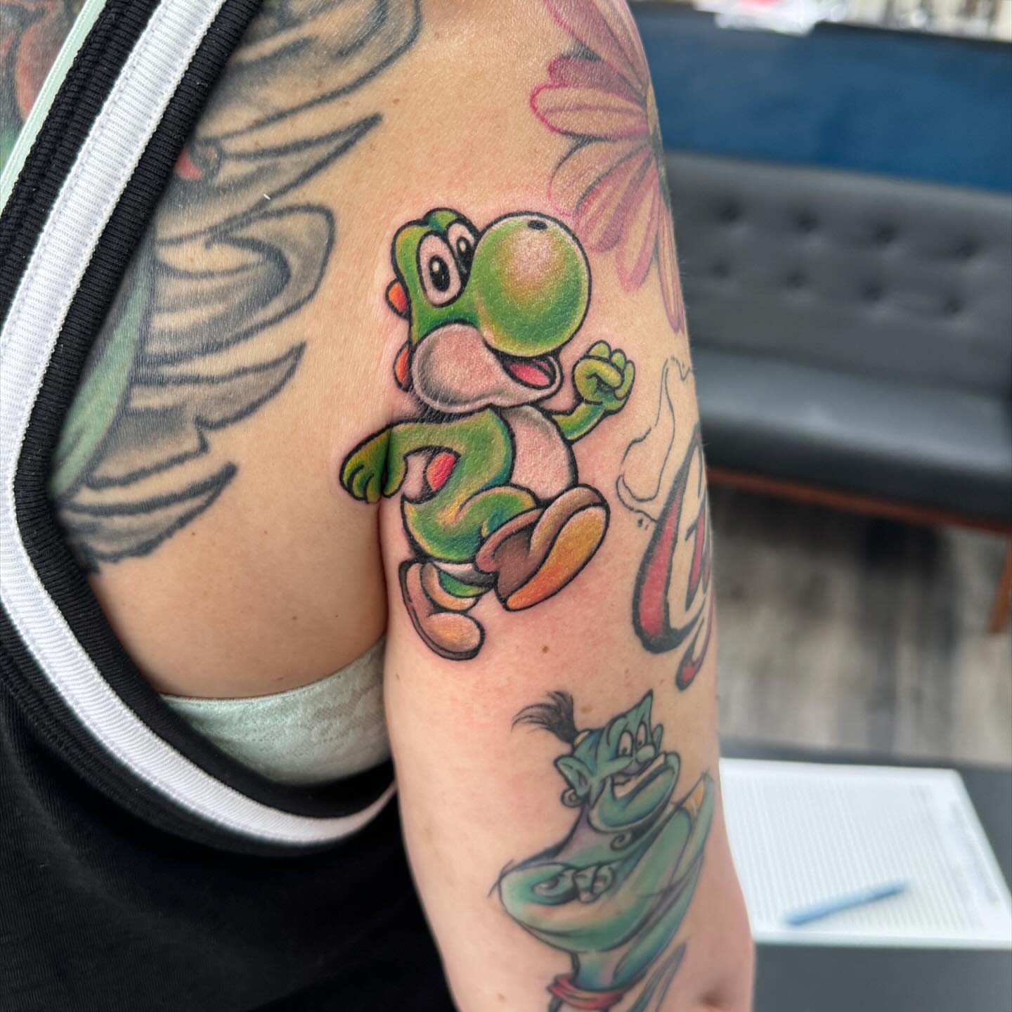 Yoshi new school tattoo on the forearm by Robyn Mahon